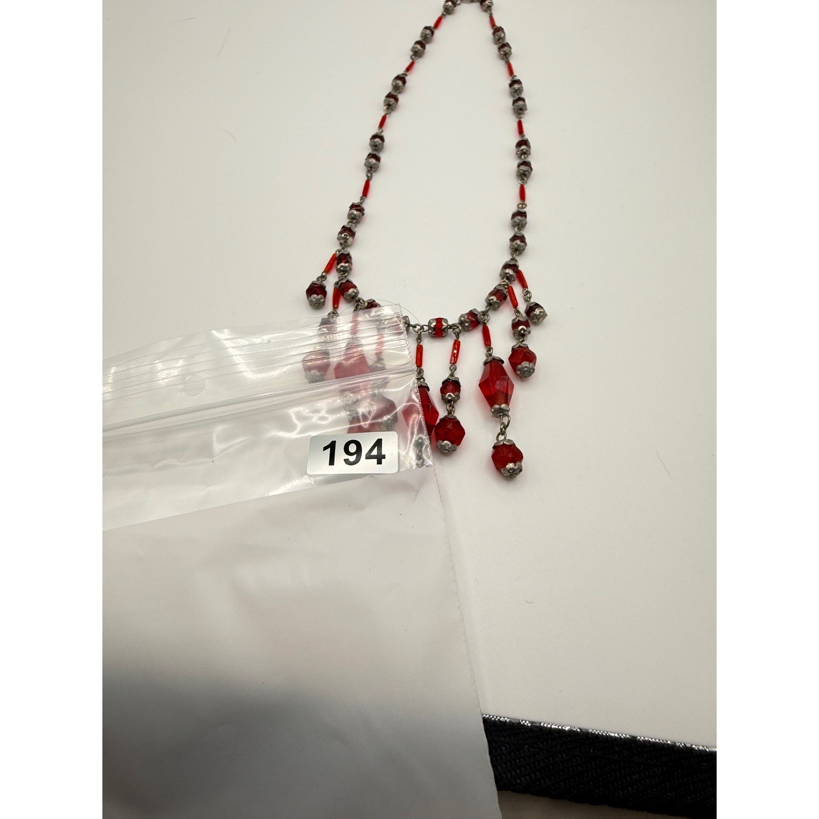 Vintage Red Glass Fringe Bib Necklace Silver Tone Beaded Art Deco