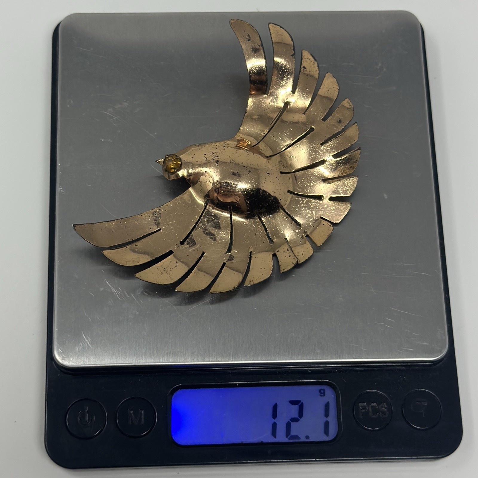 Vintage Rose Gold Vermeil Sterling Silver Flying Bird Yellow Eye Brooch Pin 3”