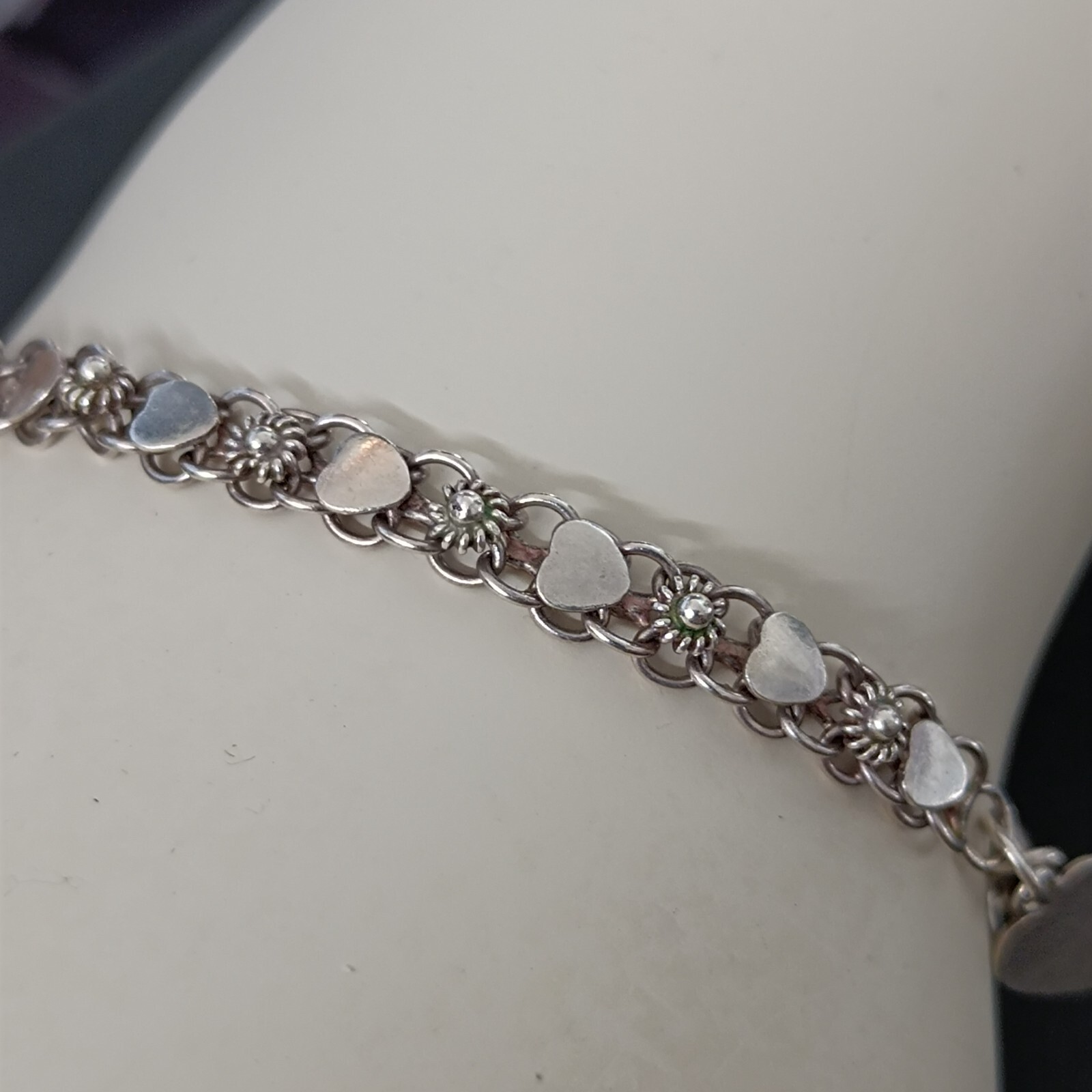 Vintage Silver Bracelet Ethnic Hearts Flowers Dainty Granulated Link Sterling