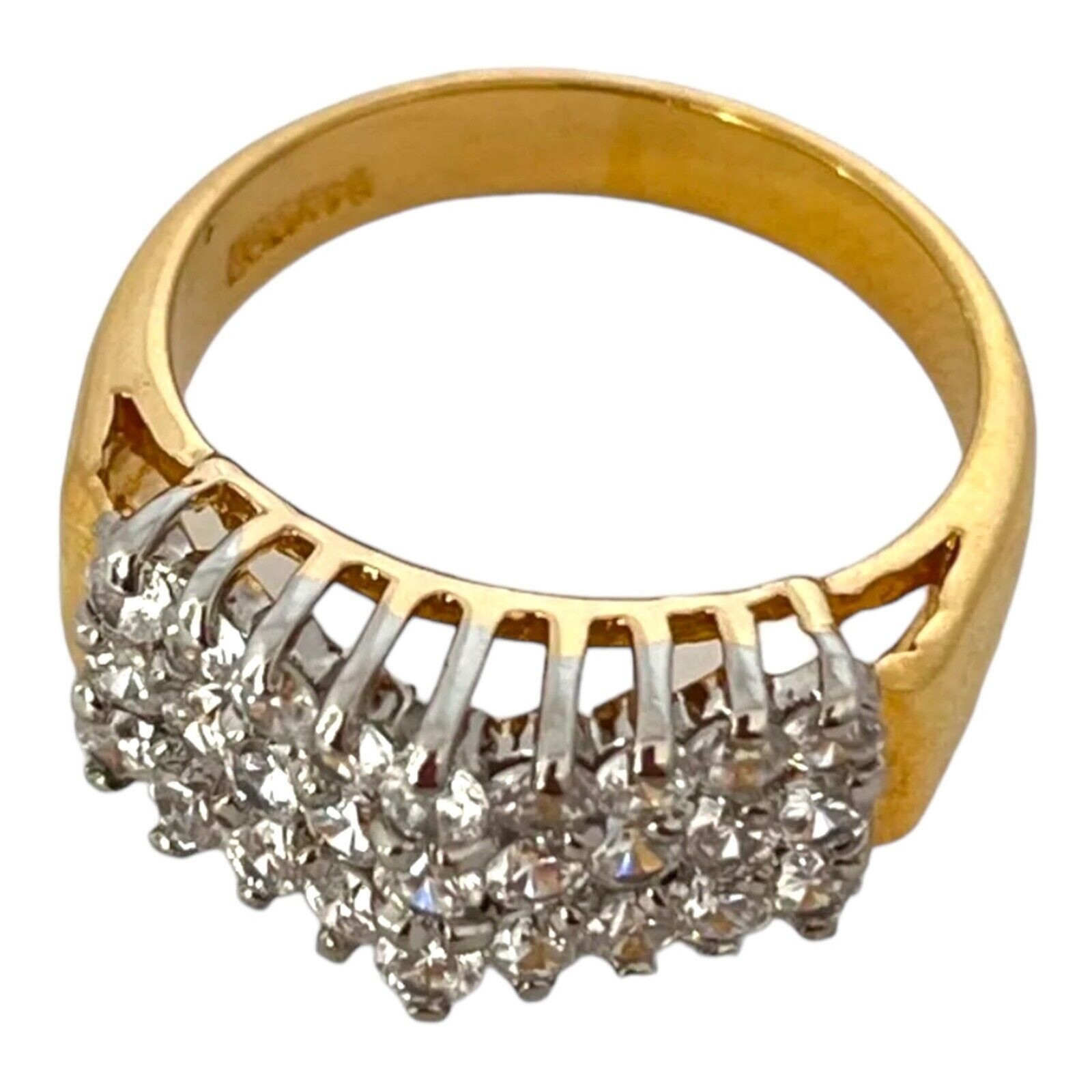 Vintage 1980s Ring Size 6 CZ Cluster Three Row Prong Set Gold Plated – 14M