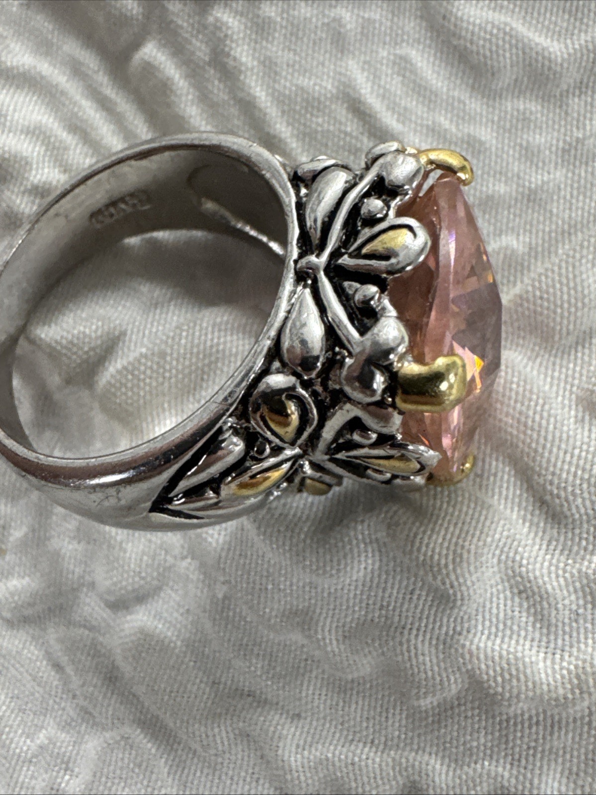 Vintage 18K GE Two Tone Large Faceted Cushion-Cut Pink Cubic Zirconia Ring 10.25