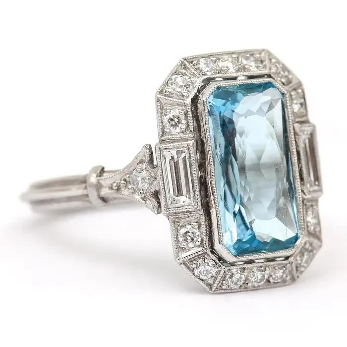 4.98Ct Art Deco Style Emerald Cut Lab-Created Aquamarine 14K White Gold FN Ring