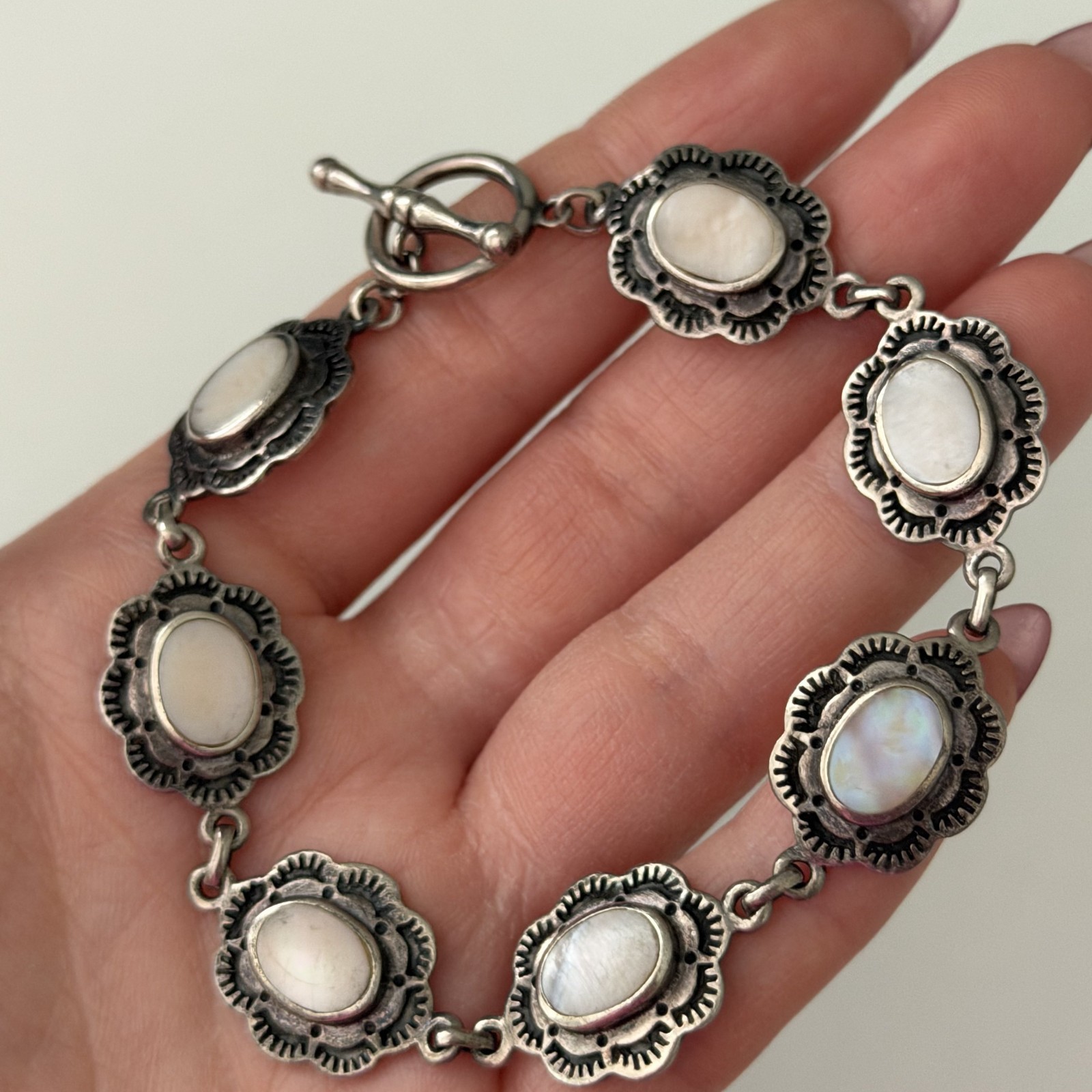 Vintage 925 Sterling Silver Mother Of Pearl Southwestern Flower Bracelet 7″