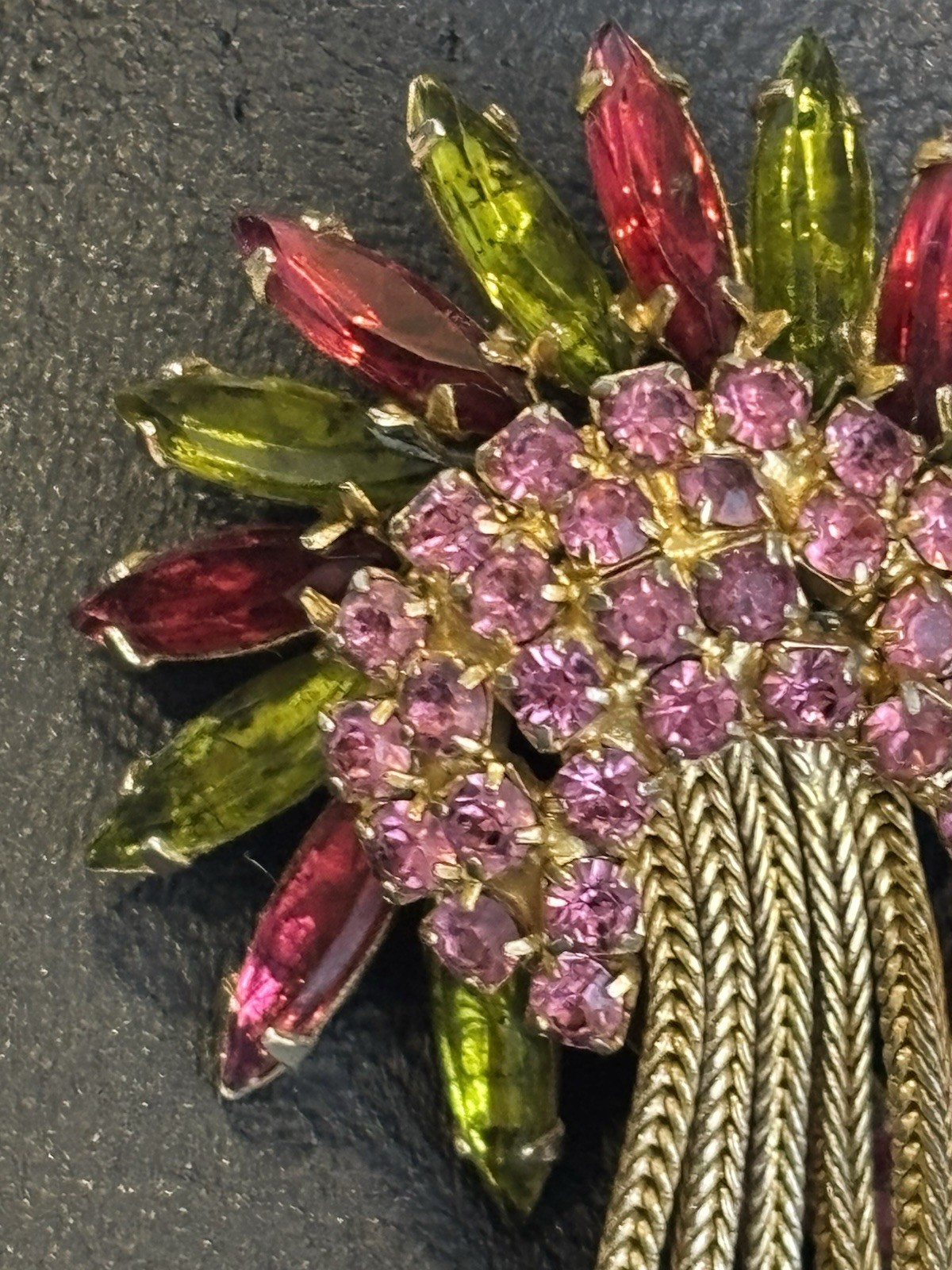 Vintage Fuchsia Chartreuse Rhinestone Waterfall Brooch Earrings Demi Parure Set