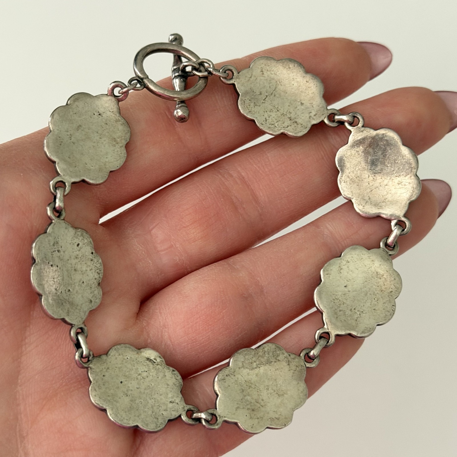 Vintage 925 Sterling Silver Mother Of Pearl Southwestern Flower Bracelet 7″