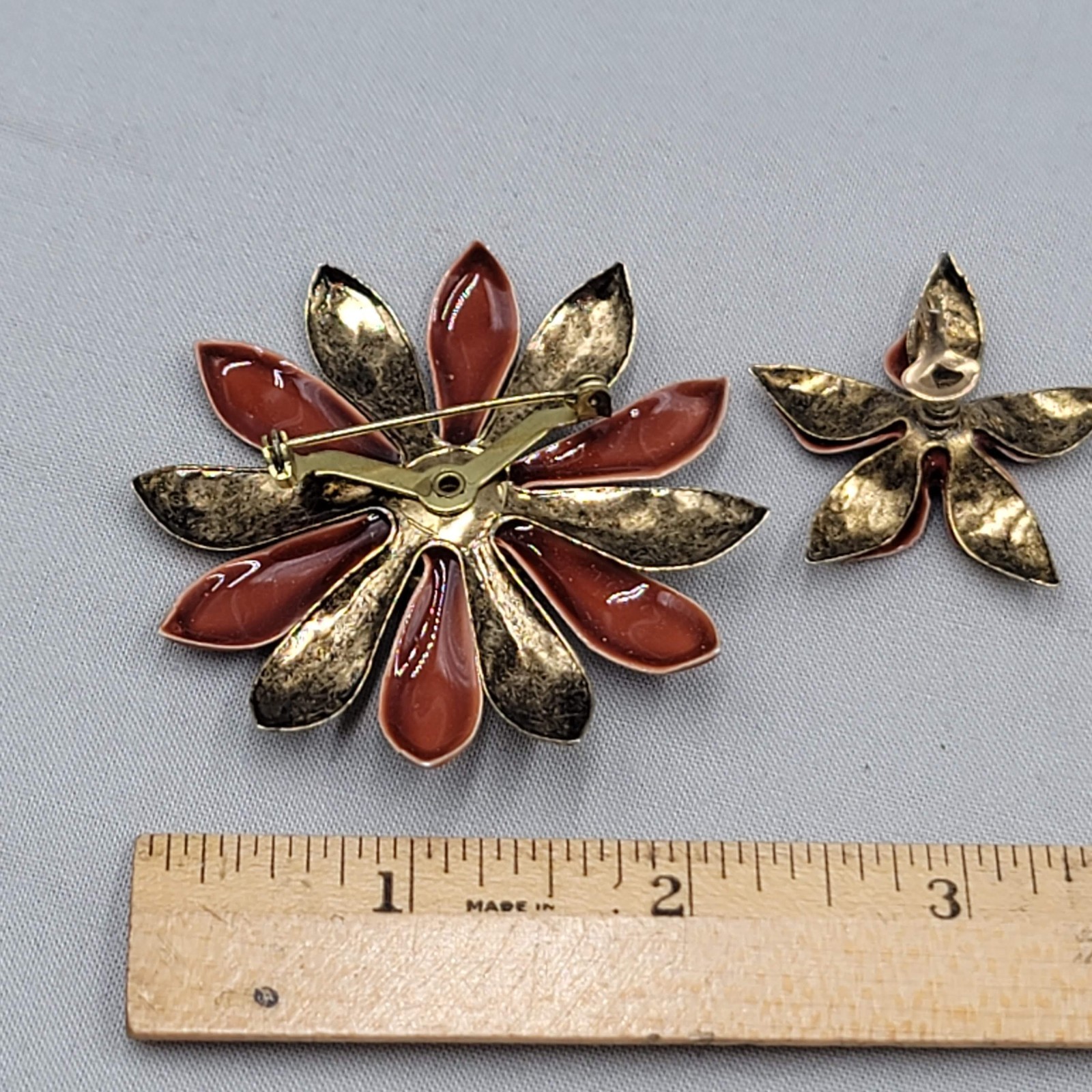 Vintage Red Enamel Flower Brooch and Clip on Earring Set Gold tone Estate
