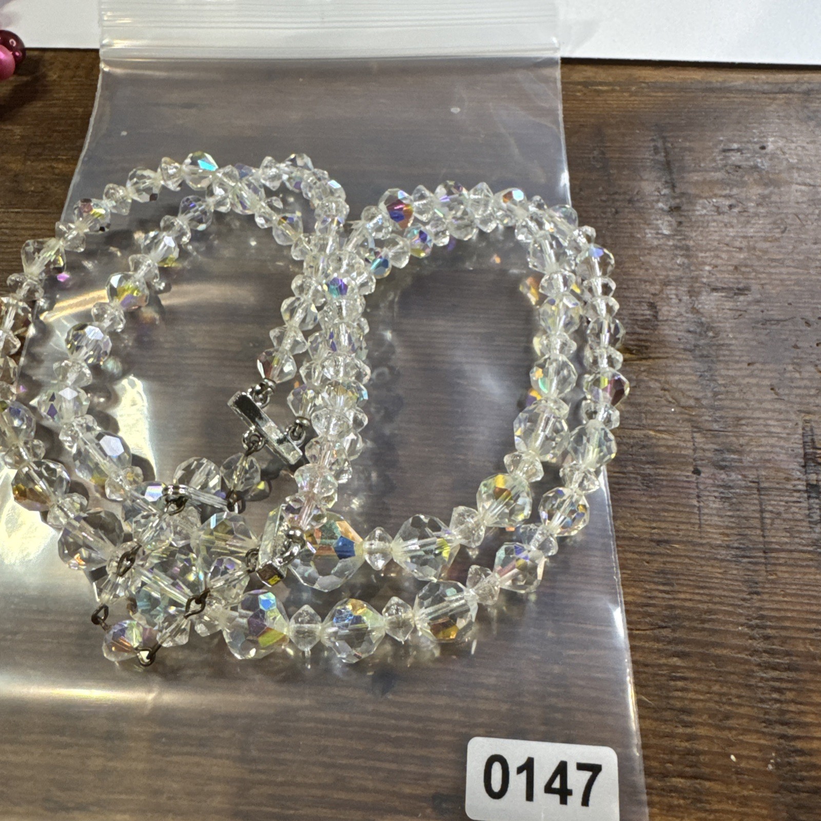 Vintage Aurora borealis clear glass￼Crystal Double Strand Necklace 16-18”
