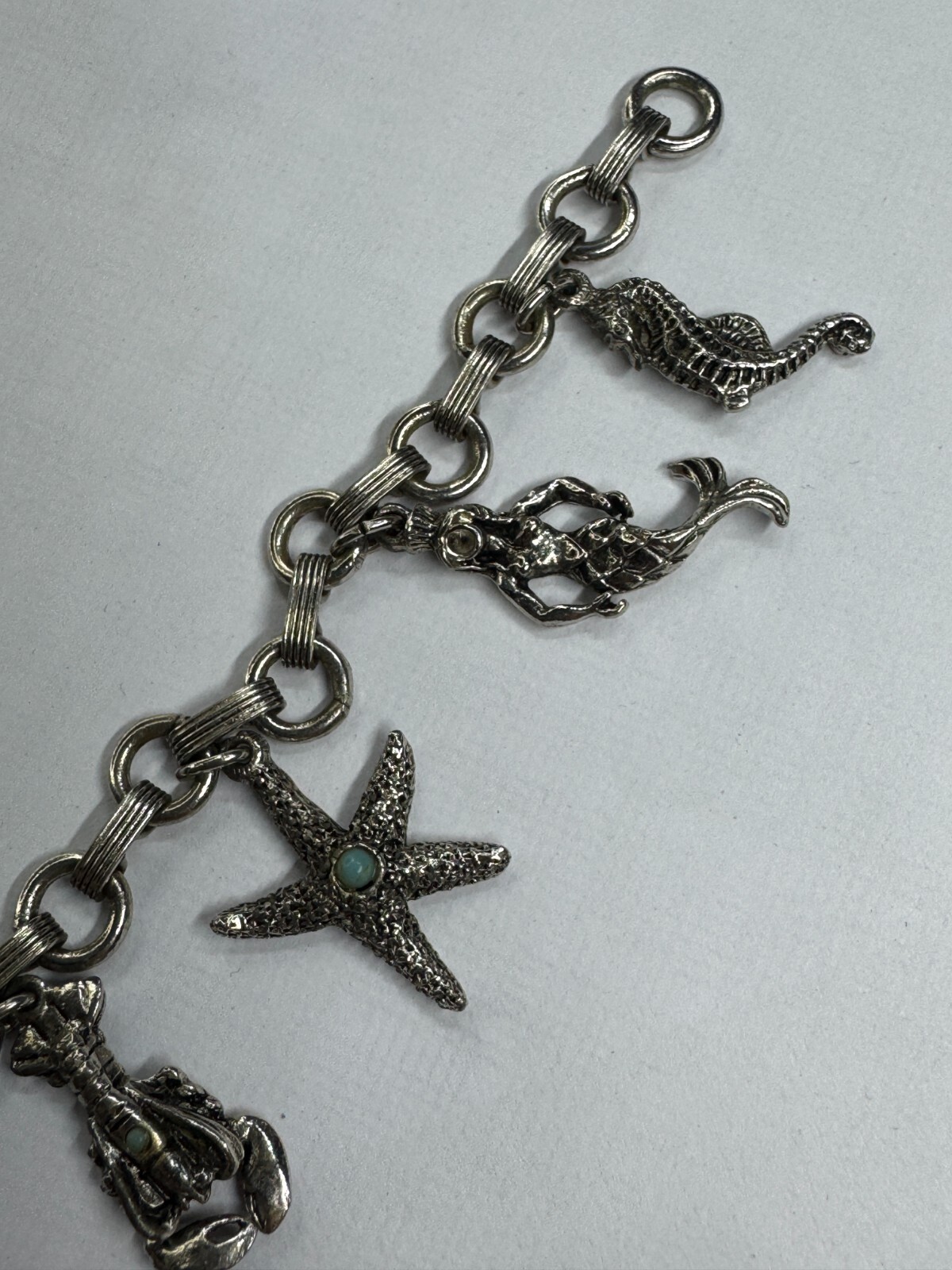Vintage Silver Metal NOT STERLING Sealife Sea Nautical Lobster Charm Bracelet