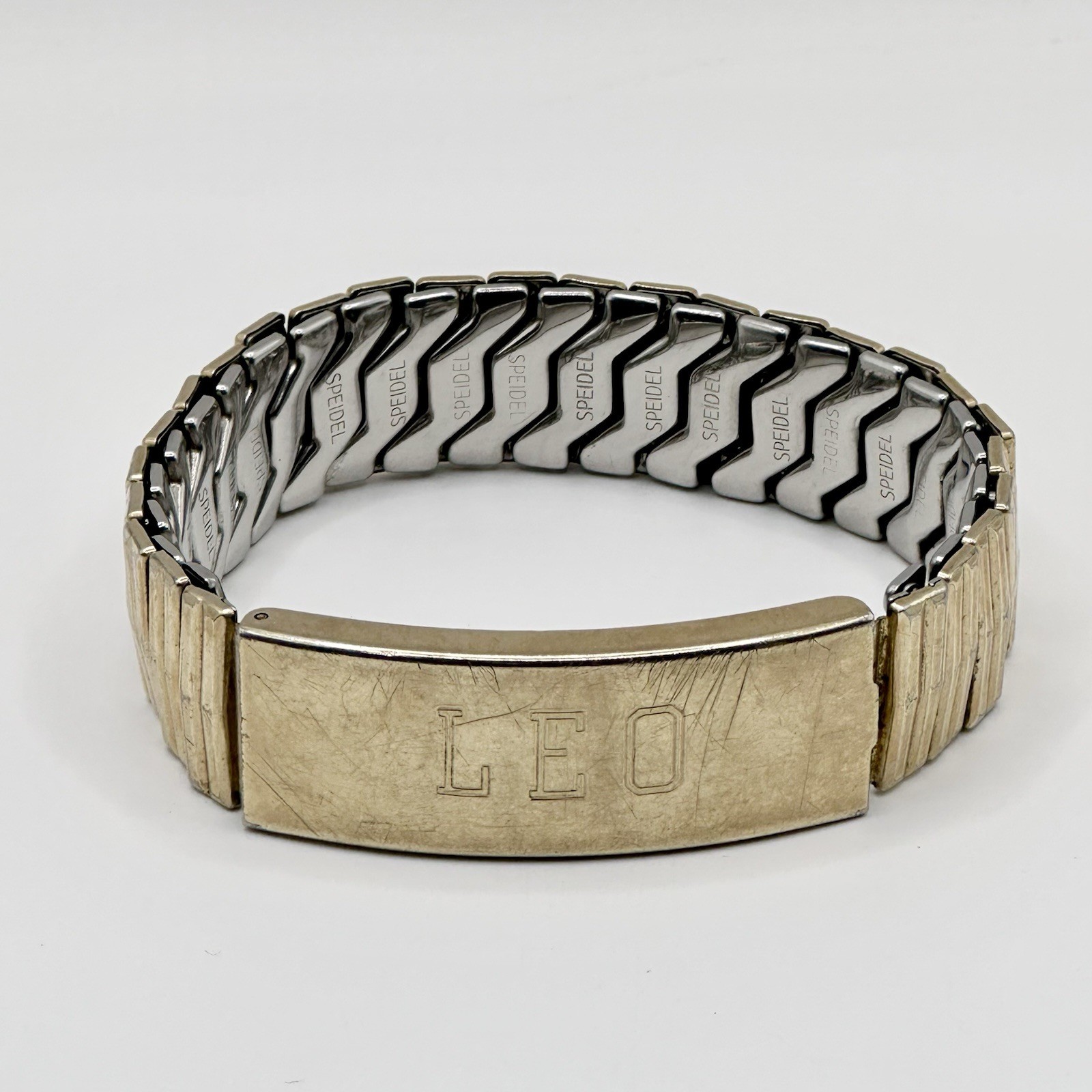 Vintage Speidel 10K Gold Filled ID Expansion Bracelet Stretch Band Monogram LEO