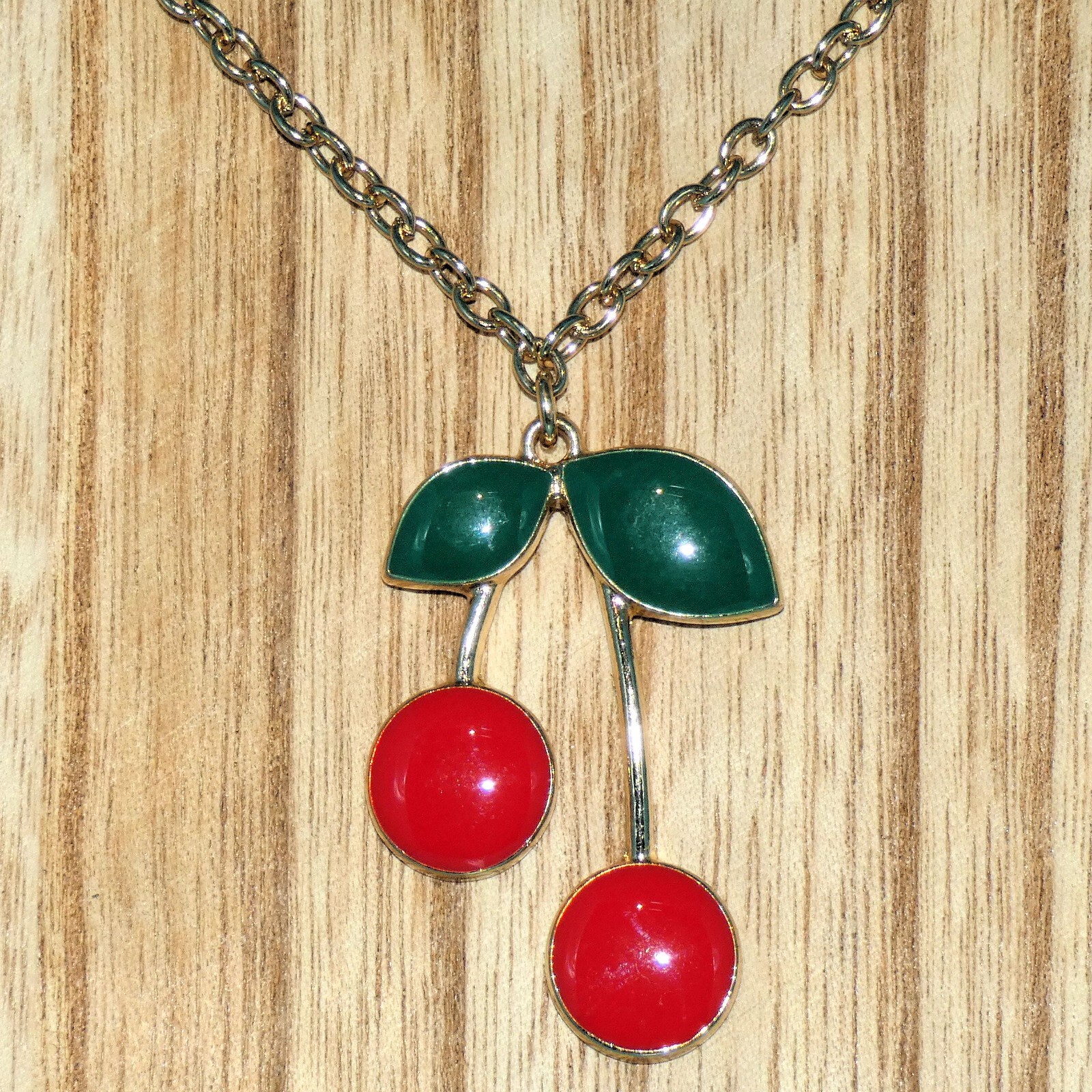 SUGARFIX Cherry Pendant Necklace Fruit Cherries Enamel Gold Tone Chain Signed