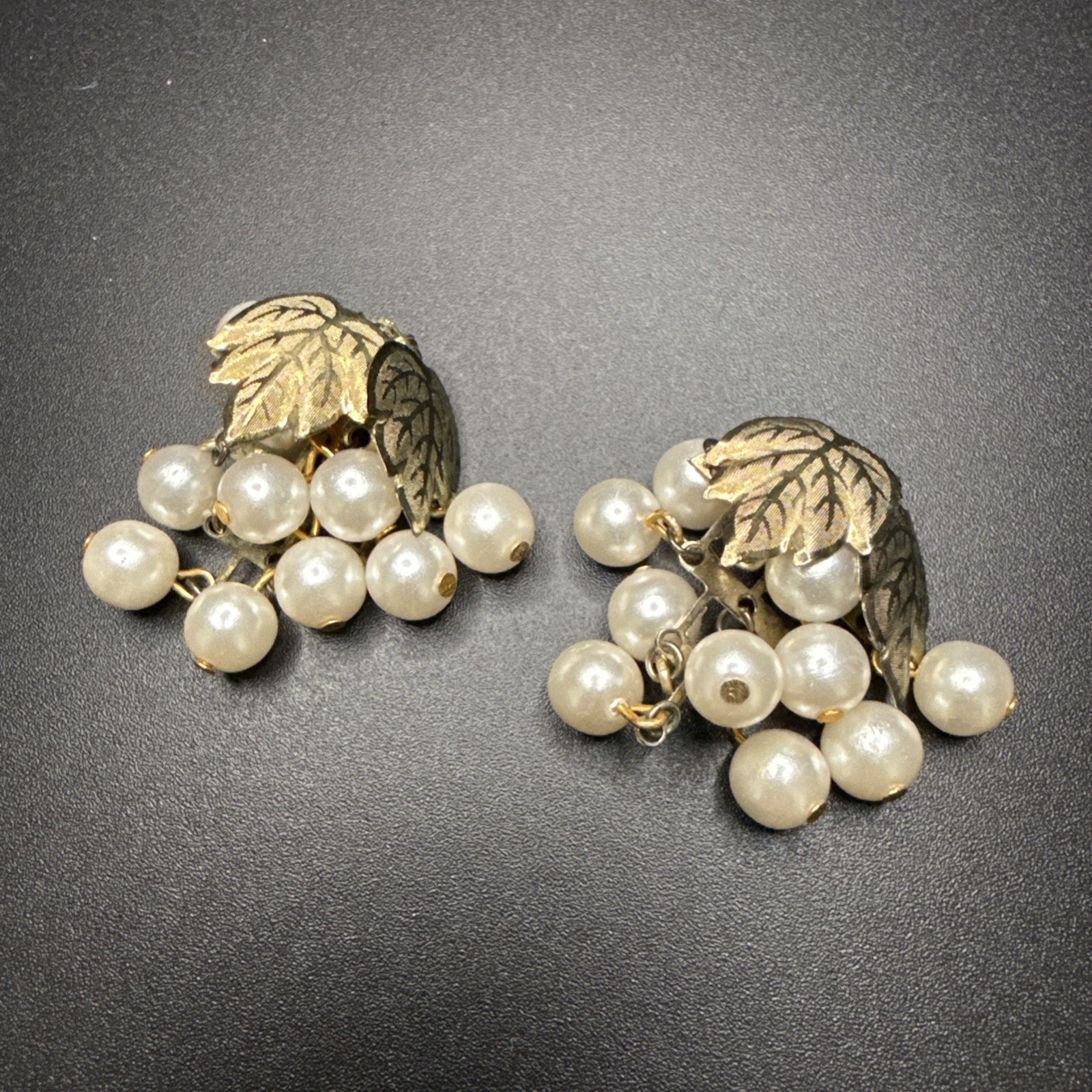 2 Vtg Gold Tone Dangling Grape Clusters ~ Brooch Pin Faux Pearls Pendants