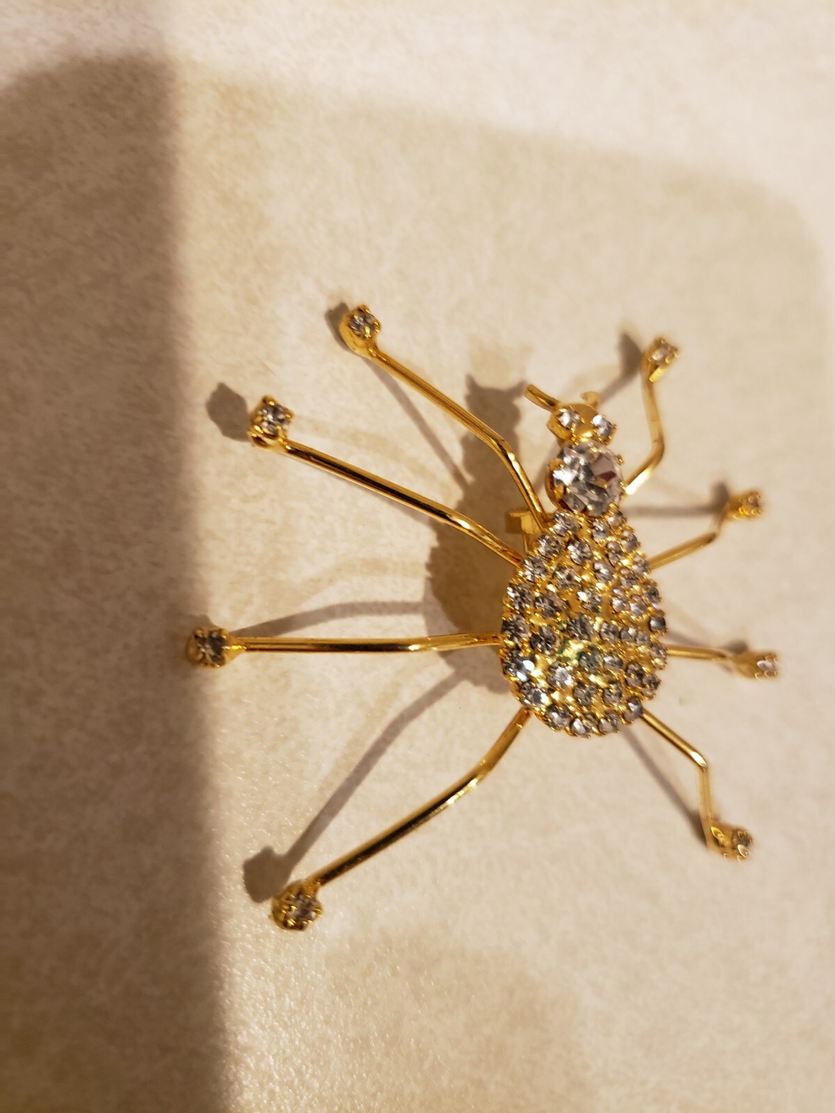 Gold Tone Spider Pin Broach White Rhinestones Halloween Every Day