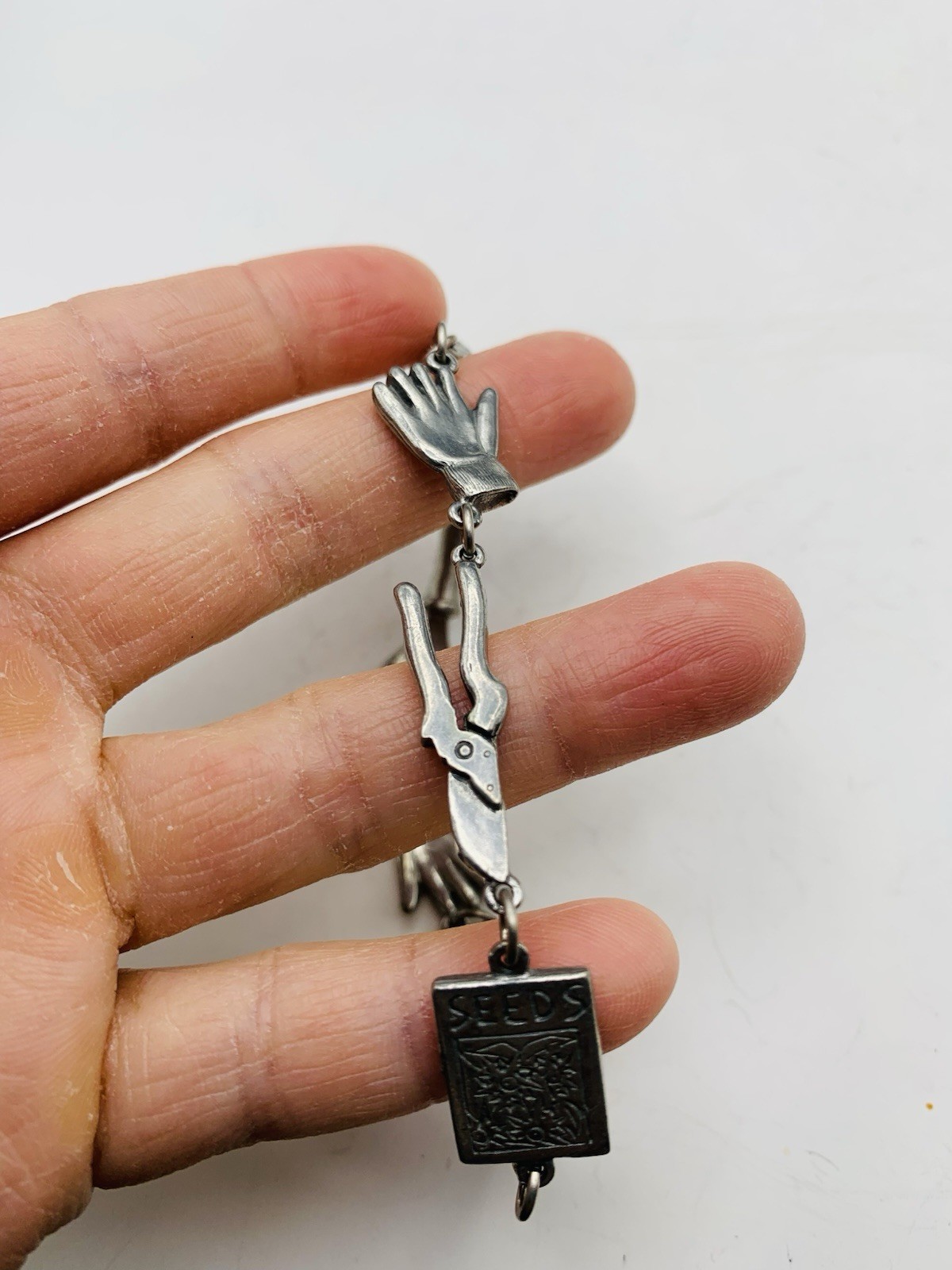 Vintage 7″ Signed Jim Clift Pewter USA Silver Tone Gardening Charm Bracelet
