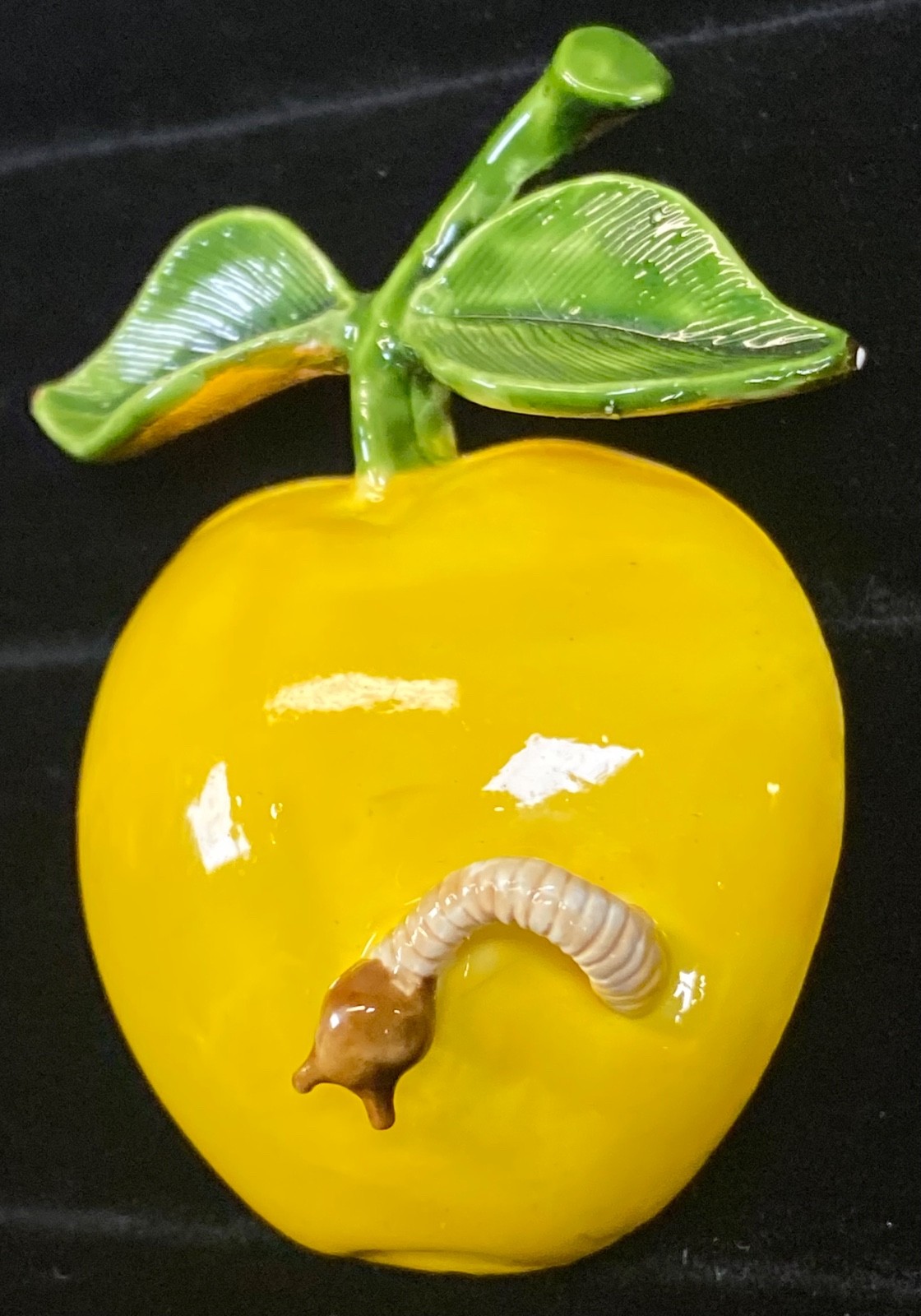 Vintage Brooch Pin Yellow Apple Worm 60s MCM Enamel Gold Tone Original By Robert