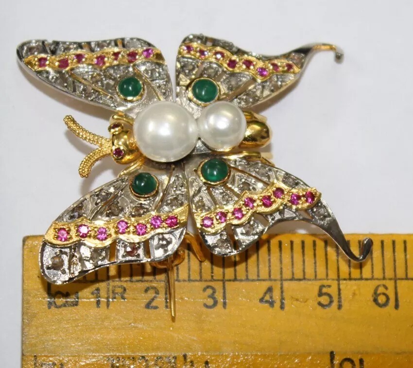 2.40ct Rose Cut Diamond Ruby Emerald Pearl 925 Silver Butterfly Brooch Pin