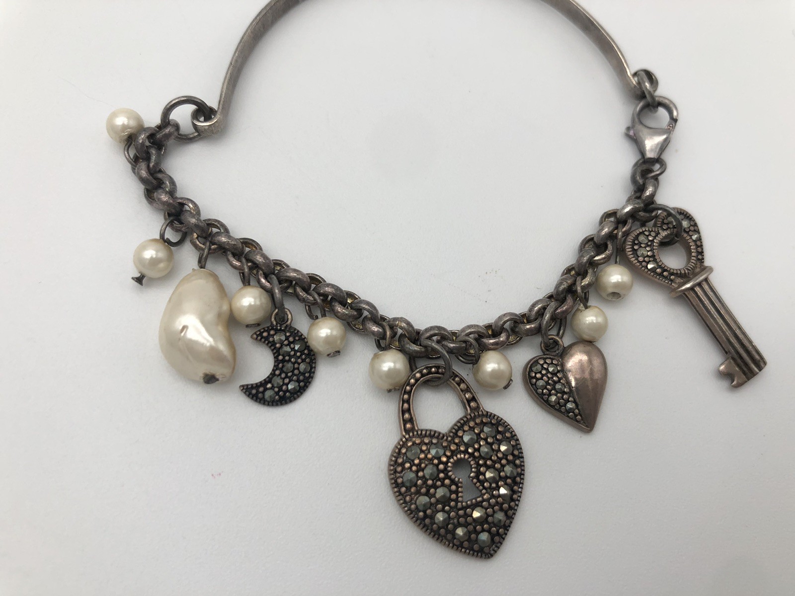 Vintage Sterling Silver Heart And Key Charm Bracelet Marcasite Stones Faux Pearl