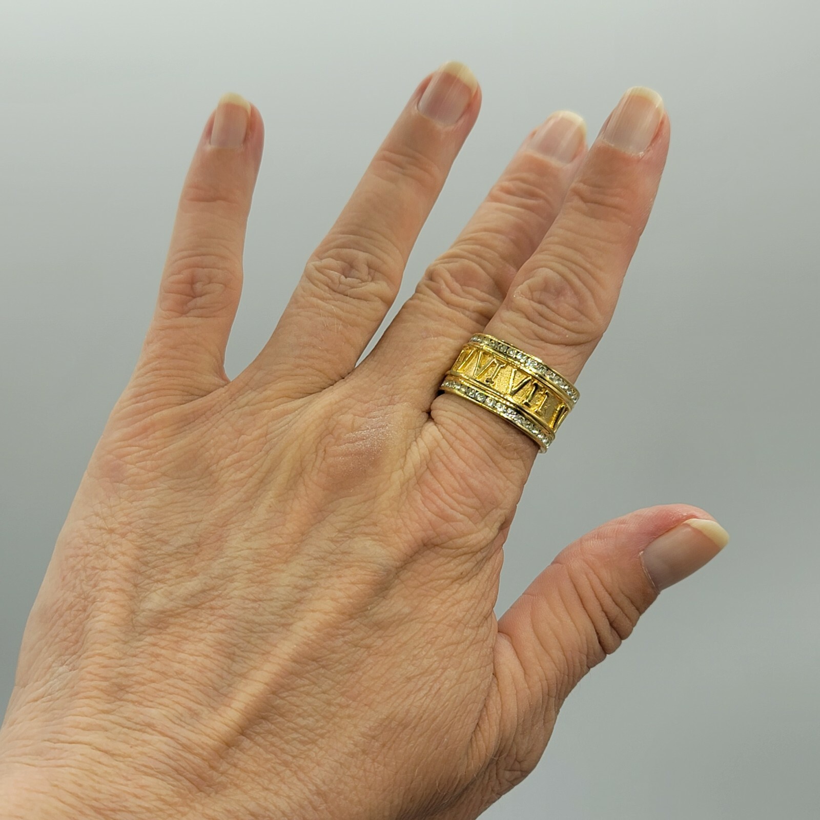 Vtg Sz 10 Ring ESPO Roman Numerals Eternity Channel Set Rhinestones Jewelry