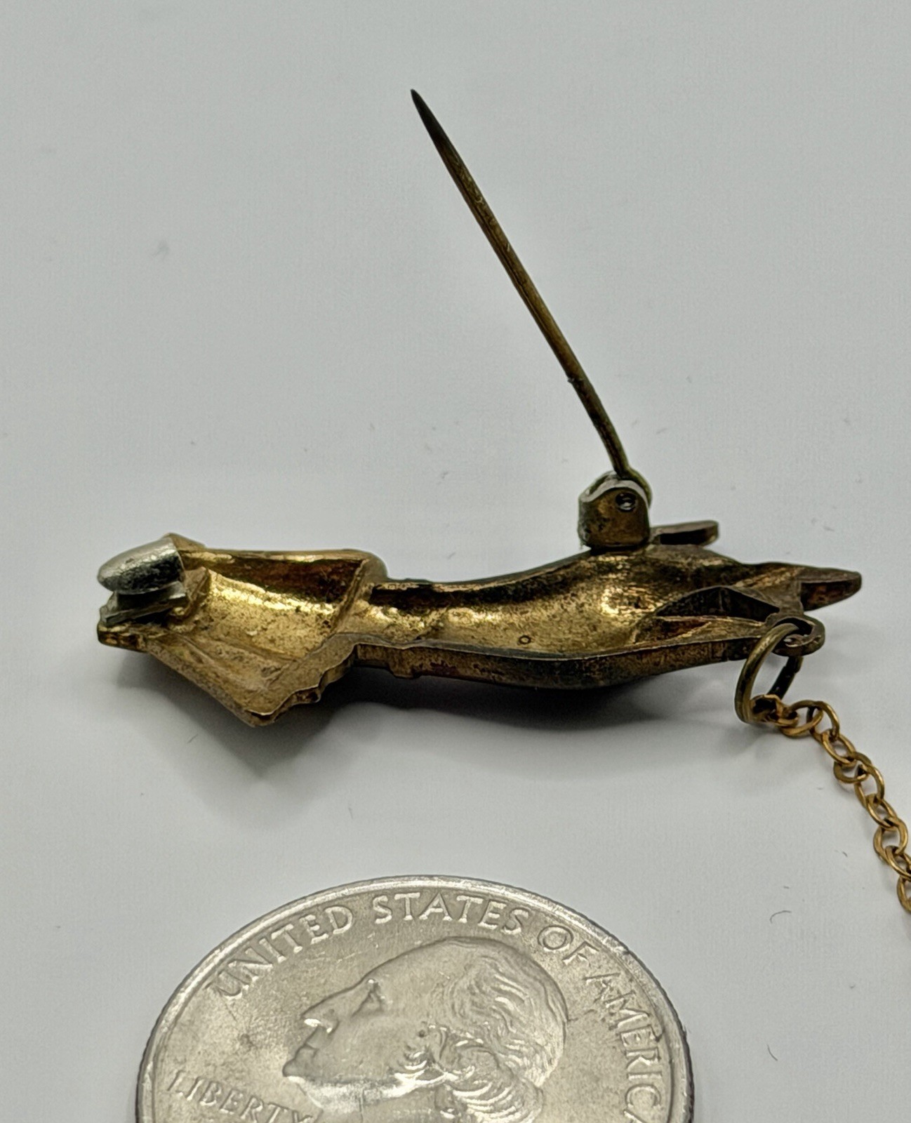 Antique Victorian Brass Hand Holding a Dangling Engraved Mini Heart Pin Brooch