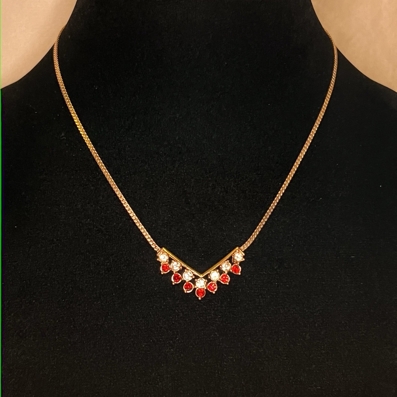 Avon Gold Tone Necklace with Red and White Accents