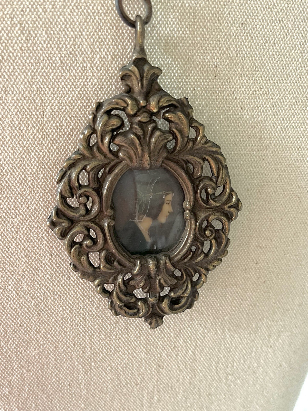 1840 Italian Portrait Pendant ST CECILIA with Harp Enamel Miniature Rome Bronze