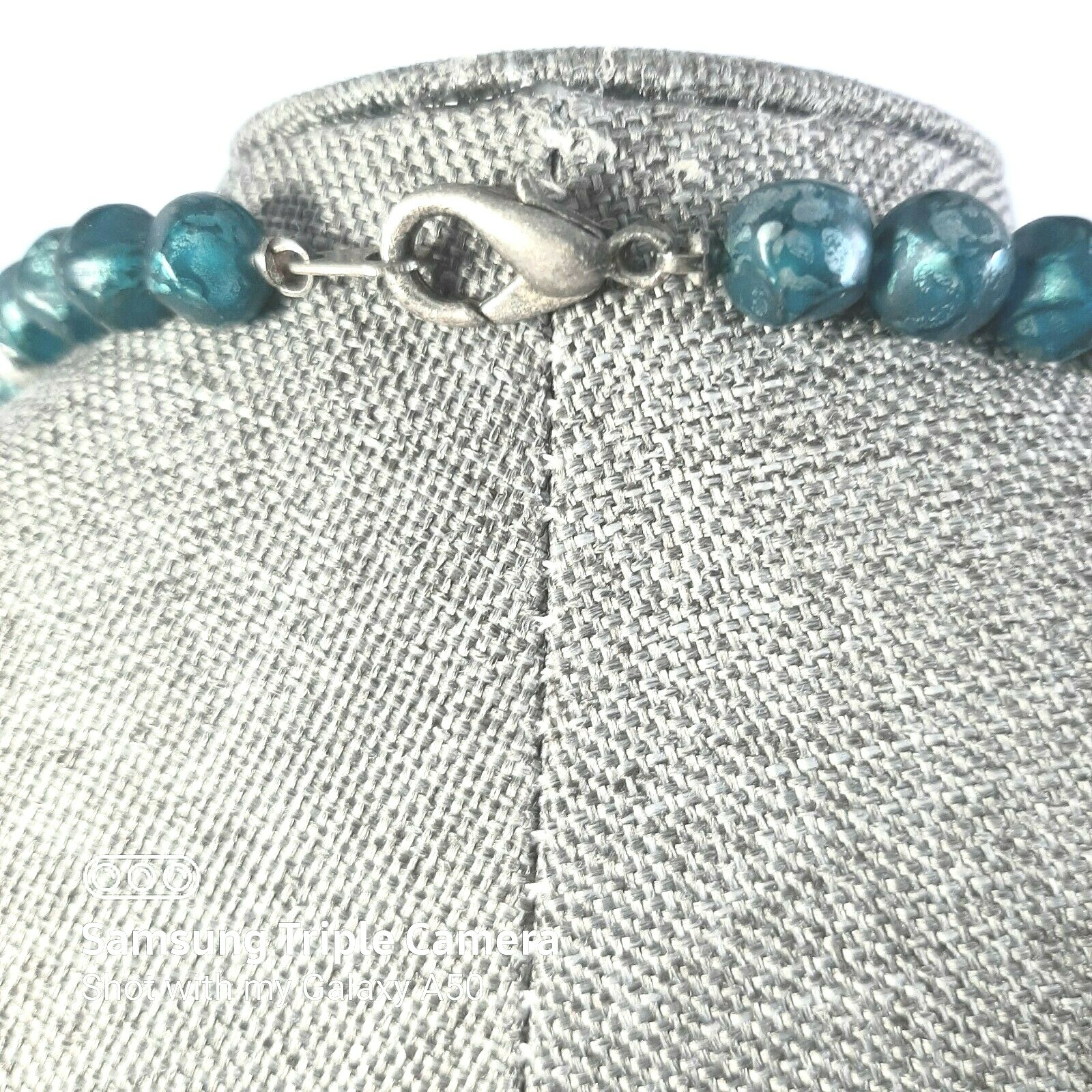 Vintage Marbled Aqua Blue Bead Long Necklace and Matching Clip On Earrings Set