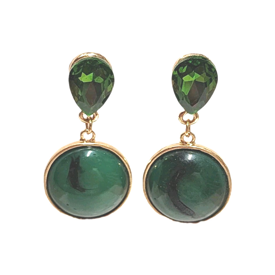 Vintage Green Faux Stone Rhinestone Gold Tone Dangle Earrings Teardrop Round GUC