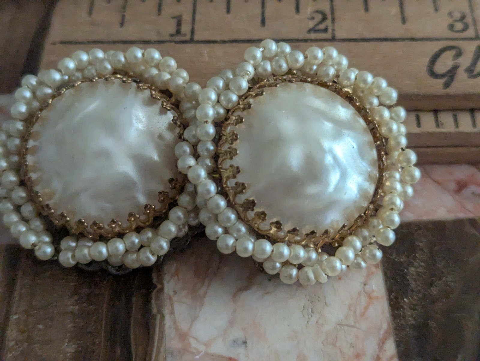 Miriam Haskell Large Pearl Ornate Cluster Statement Art Earrings Vtg Jewelry