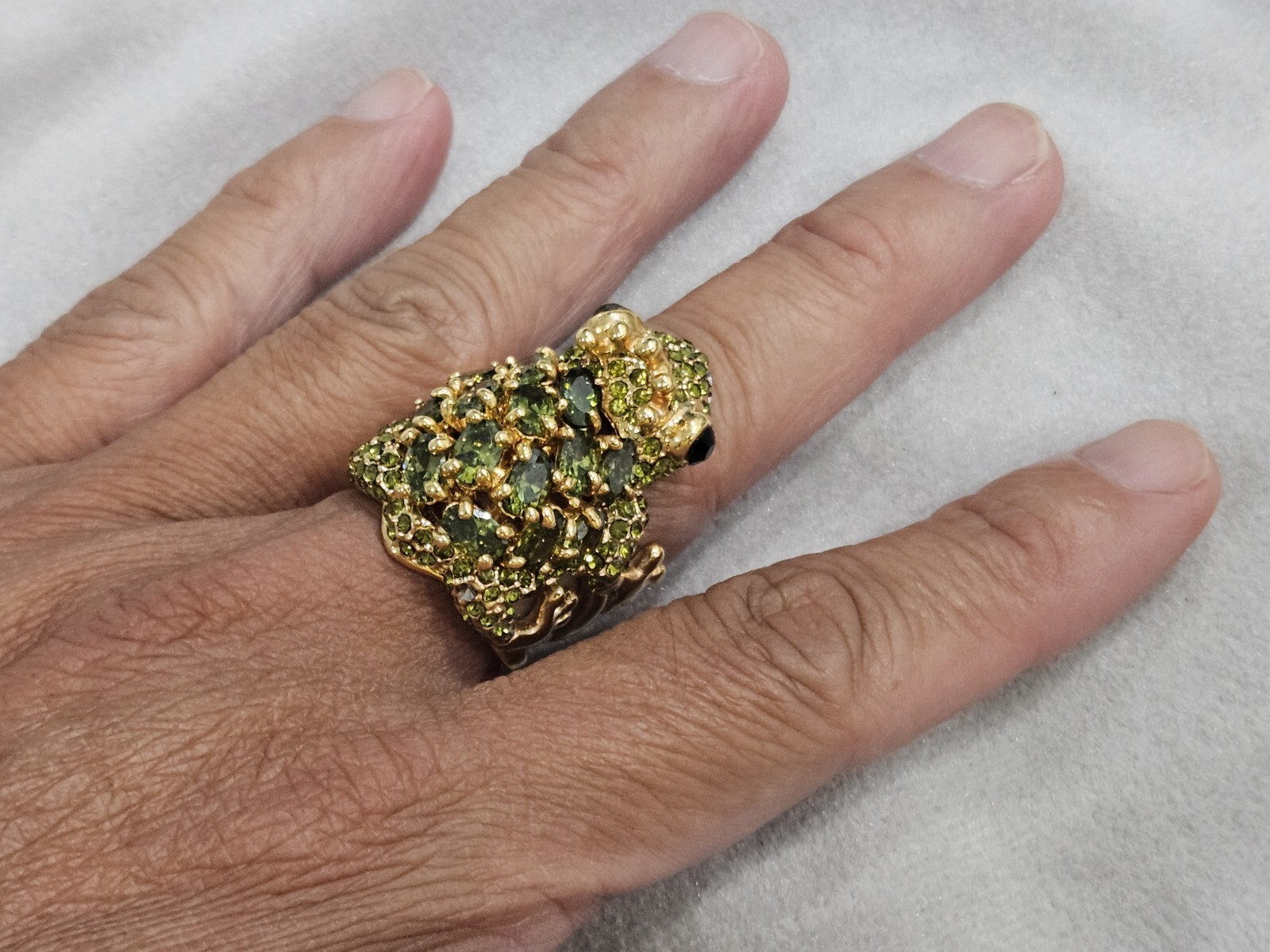 Real Collectibles By Adrienne Whimsical gold tone green crystal frog Signed PJM.