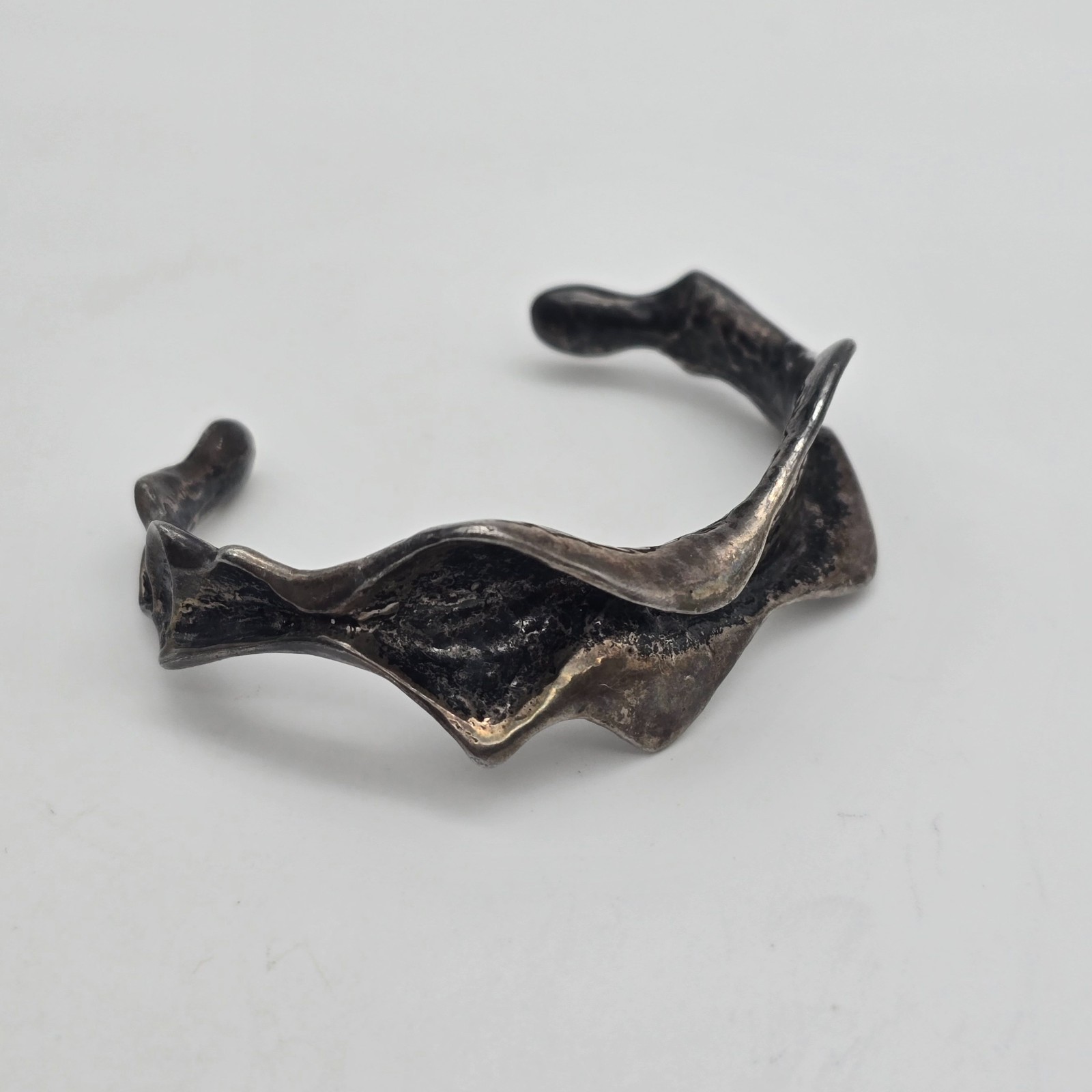 Vintage Brutalist Fold Wrinkle Sterling Silver Cuff Bangle Bracelet – 6″