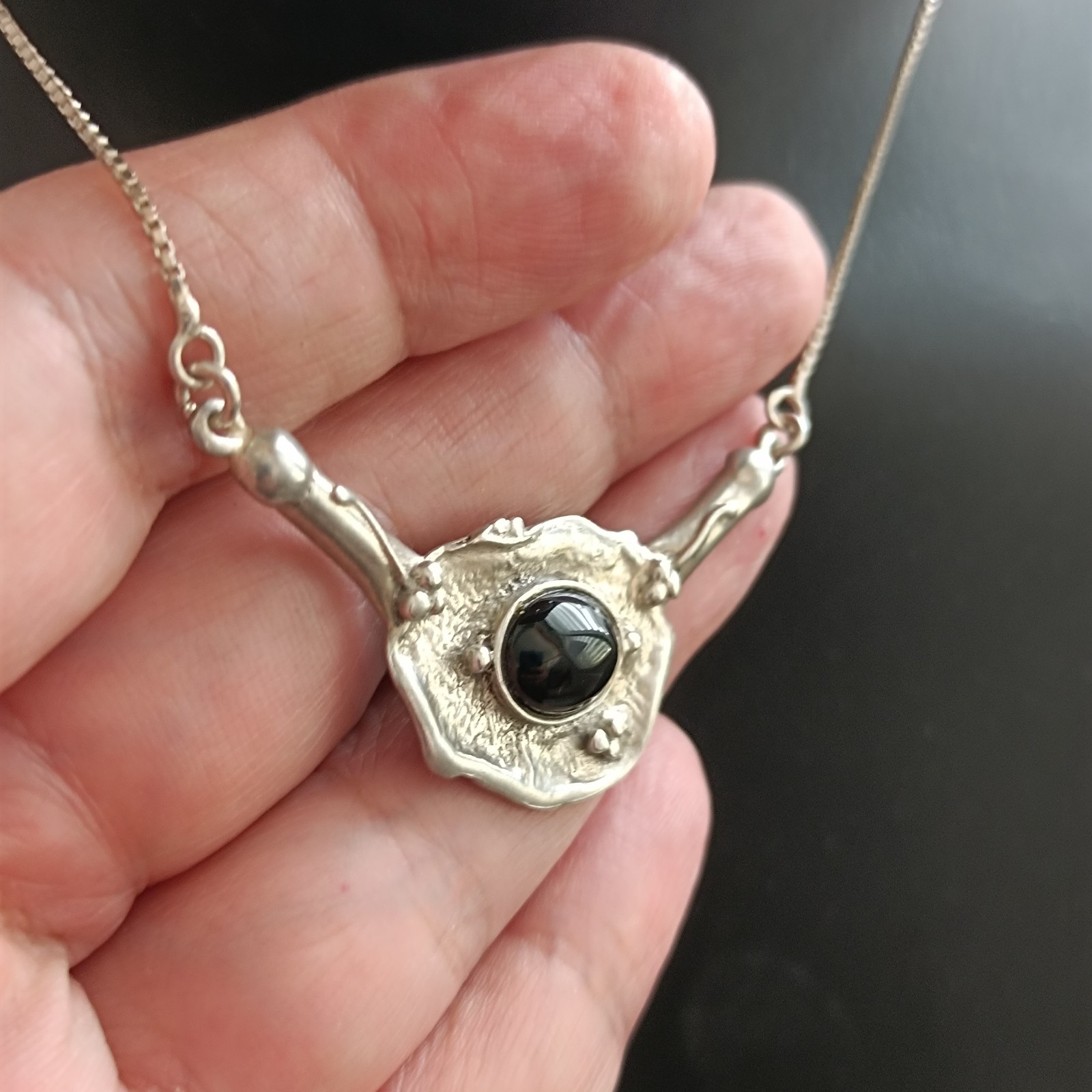 Modernist Silver Onyx Necklace Artisan Freeform Bib Brutalist Israel Art Vintage
