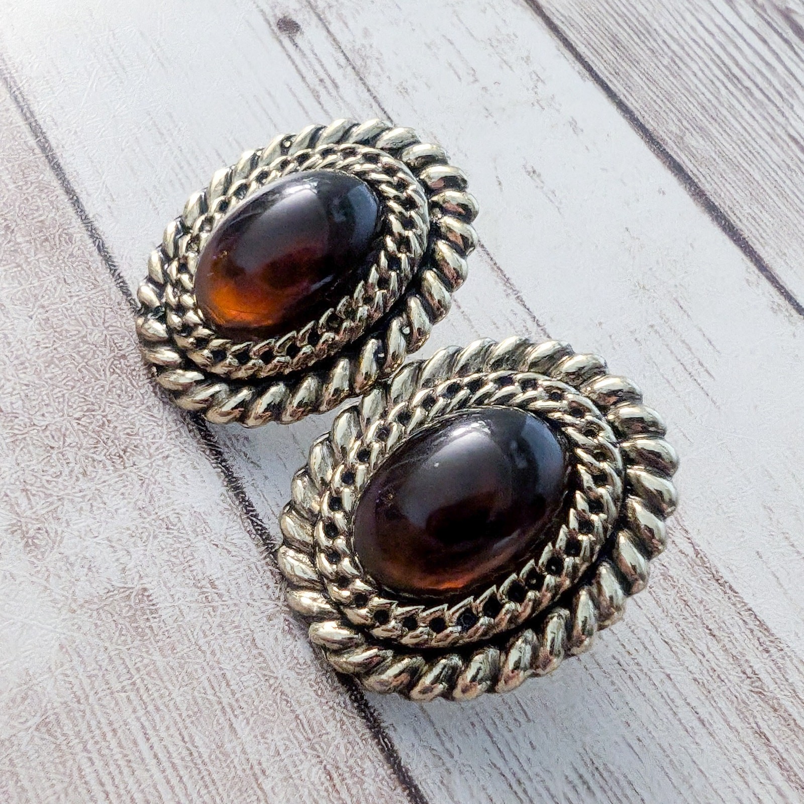 Vintage Earrings for Pierced Ears Dark Brown with Gold Tone Halo
