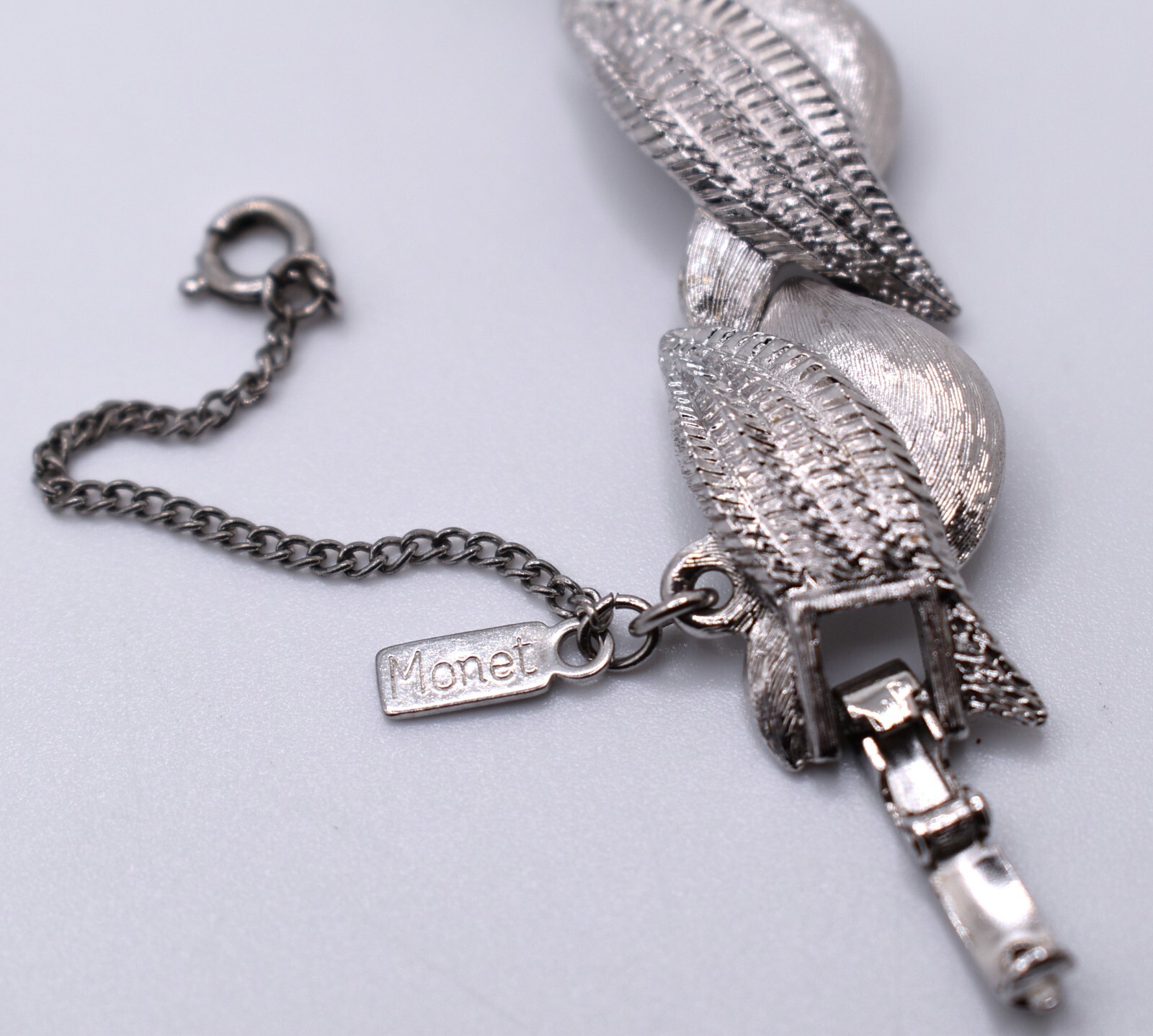Vintage Signed Monet Silver-Tone Link Bracelet With Safety Chain & Clasp