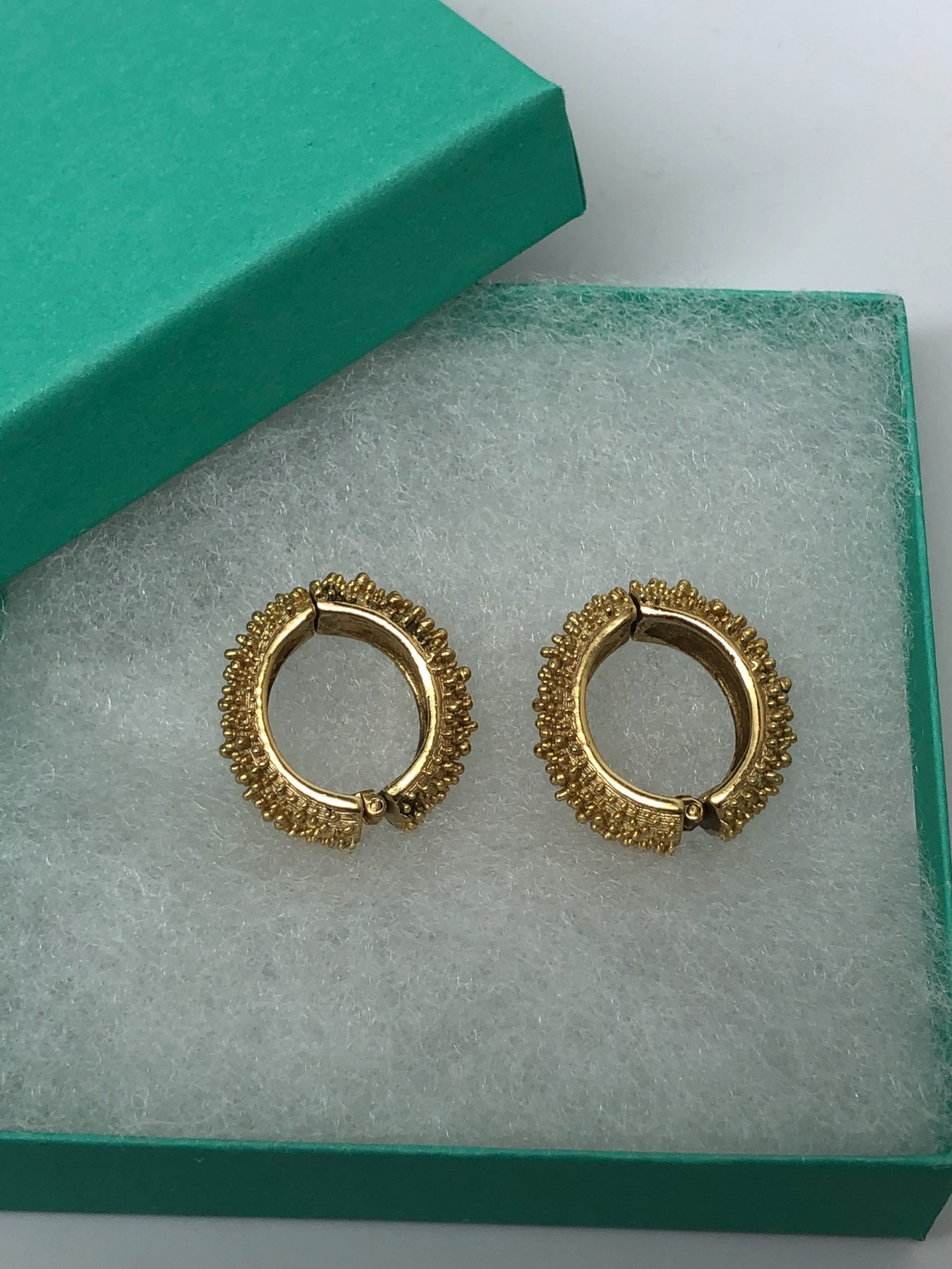 Vtg Trifari huggie clip on Earrings Popcorn Gold Tone bead finish MCM