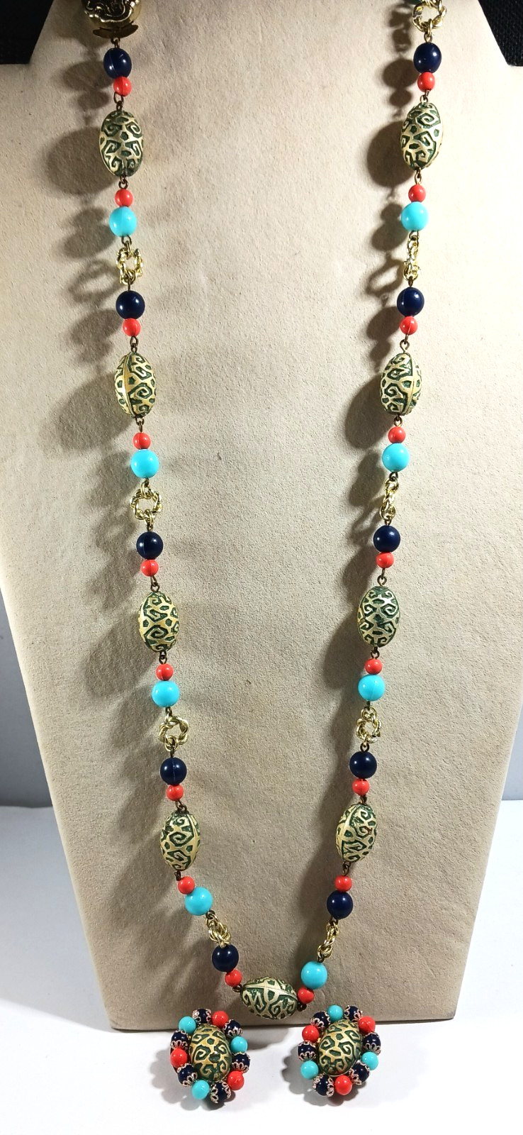 West Germany Plastic Beaded Necklace and Clip On Earrings Set