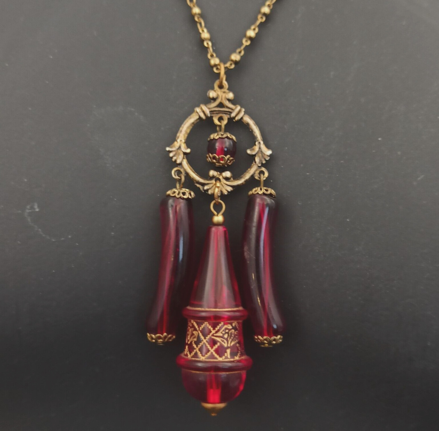 Vintage Red Necklace Rosary Beaded Tassel Long Lucite Art Deco Revival 23″ Boho
