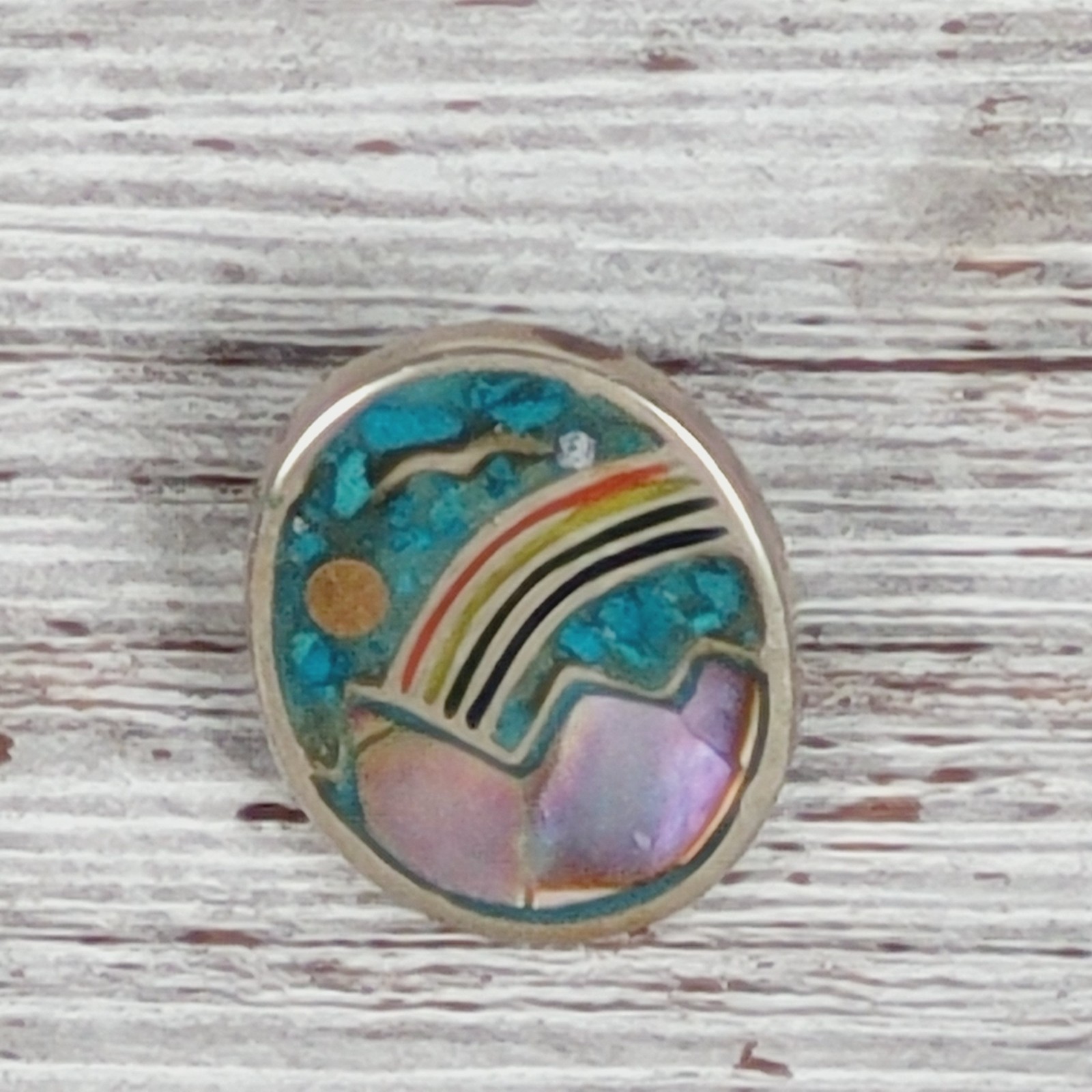 VINTAGE STERLING SILVER INLAY RAINBOW ABALONE TURQUOISE 925 PENDANT SOUTHWEST