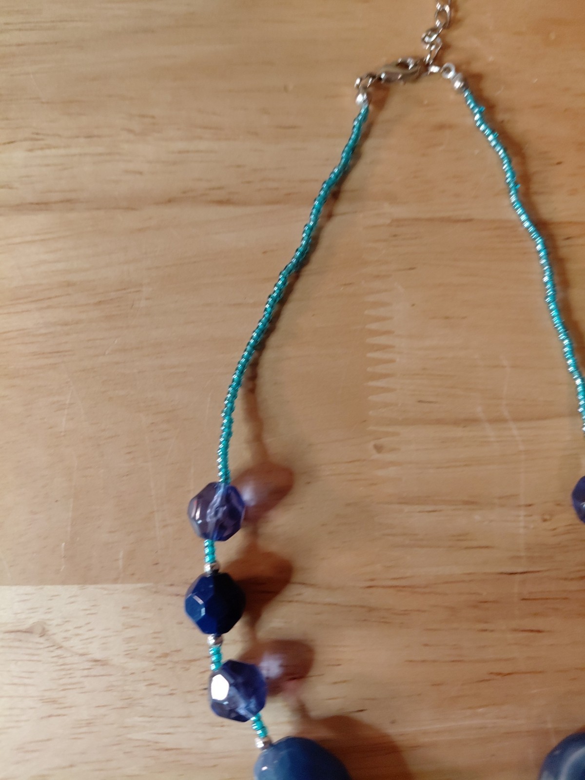 Blue Acrylic & Glass Bead Pendant Necklace – Handbeaded – 15″