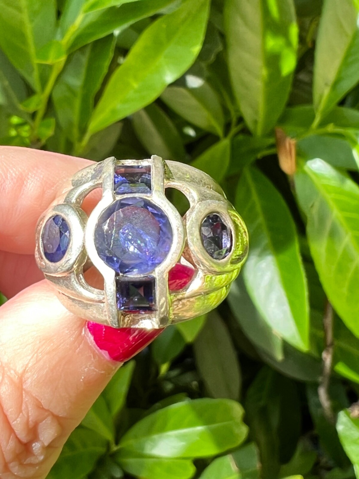 VINTAGE TANZANITE & IOLITE WIDE BAND RING 925 STERLING SLVER UNIQUE HEAVY CHUNKY