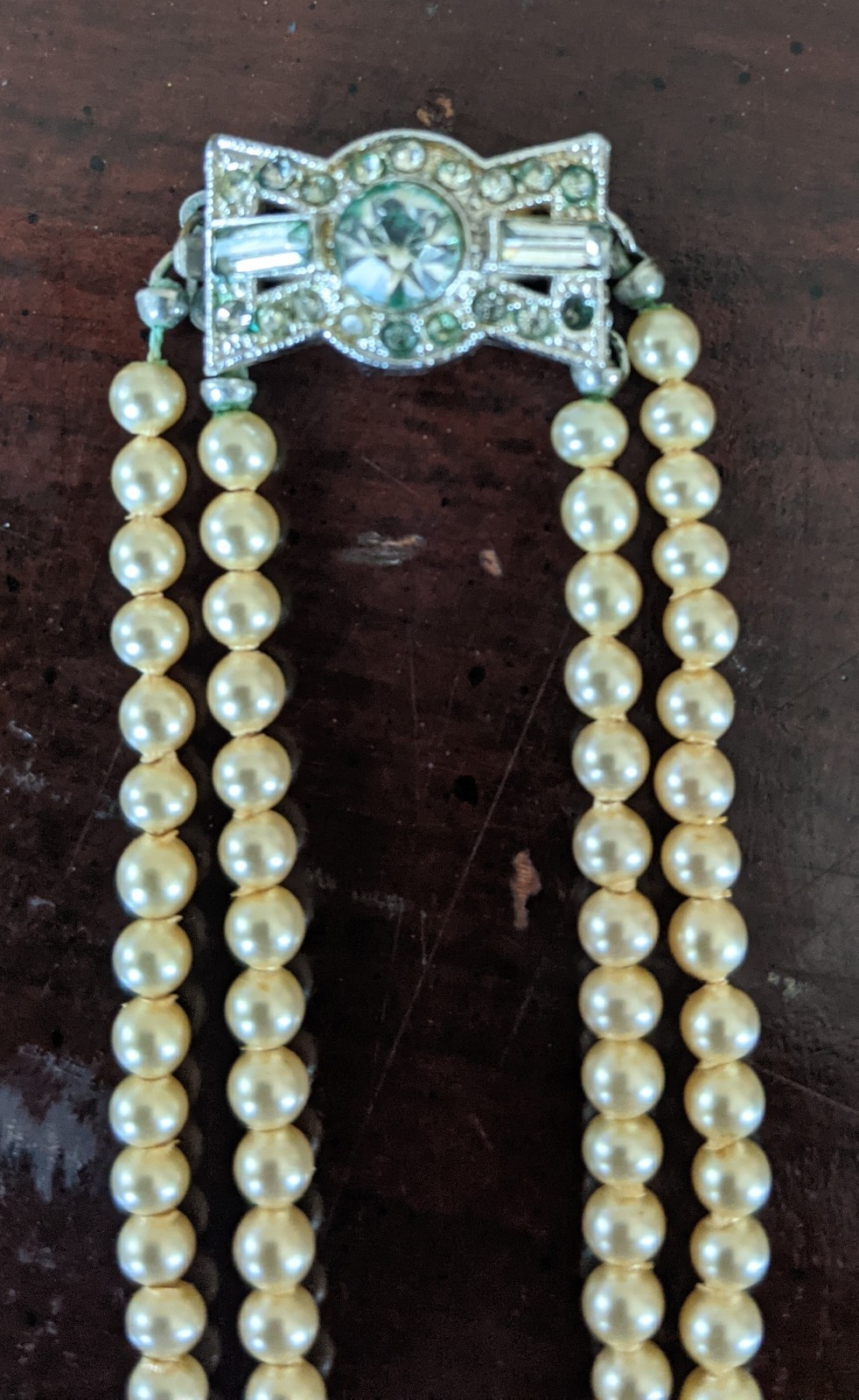 Vintage 1940’s Hand Knotted Faux Pearl Double Stand Necklace Bow Clasp 16.5″