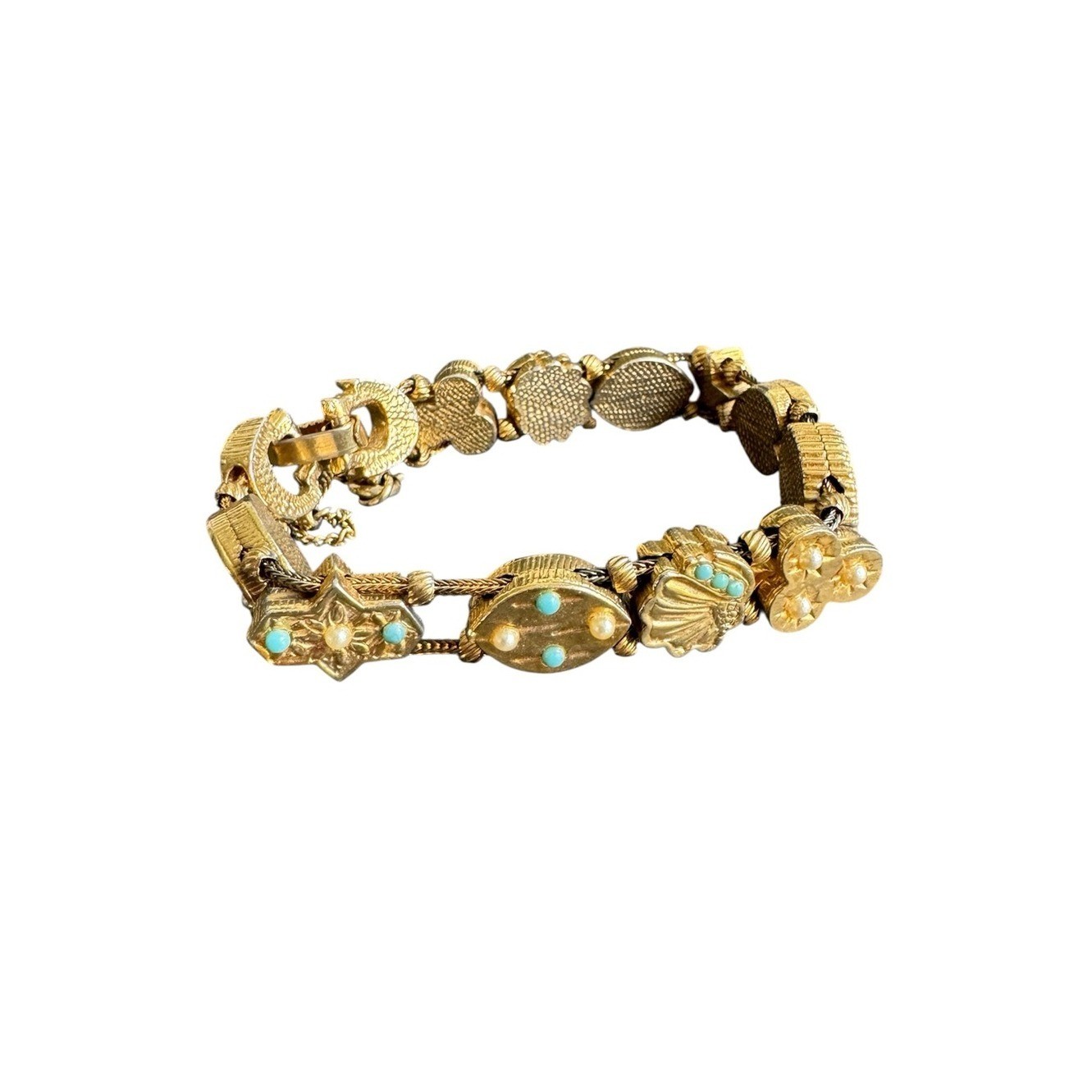 Vintage Victorian Revival Slide Charm Bracelet 60s Sweetheart Lucky Gold Tone