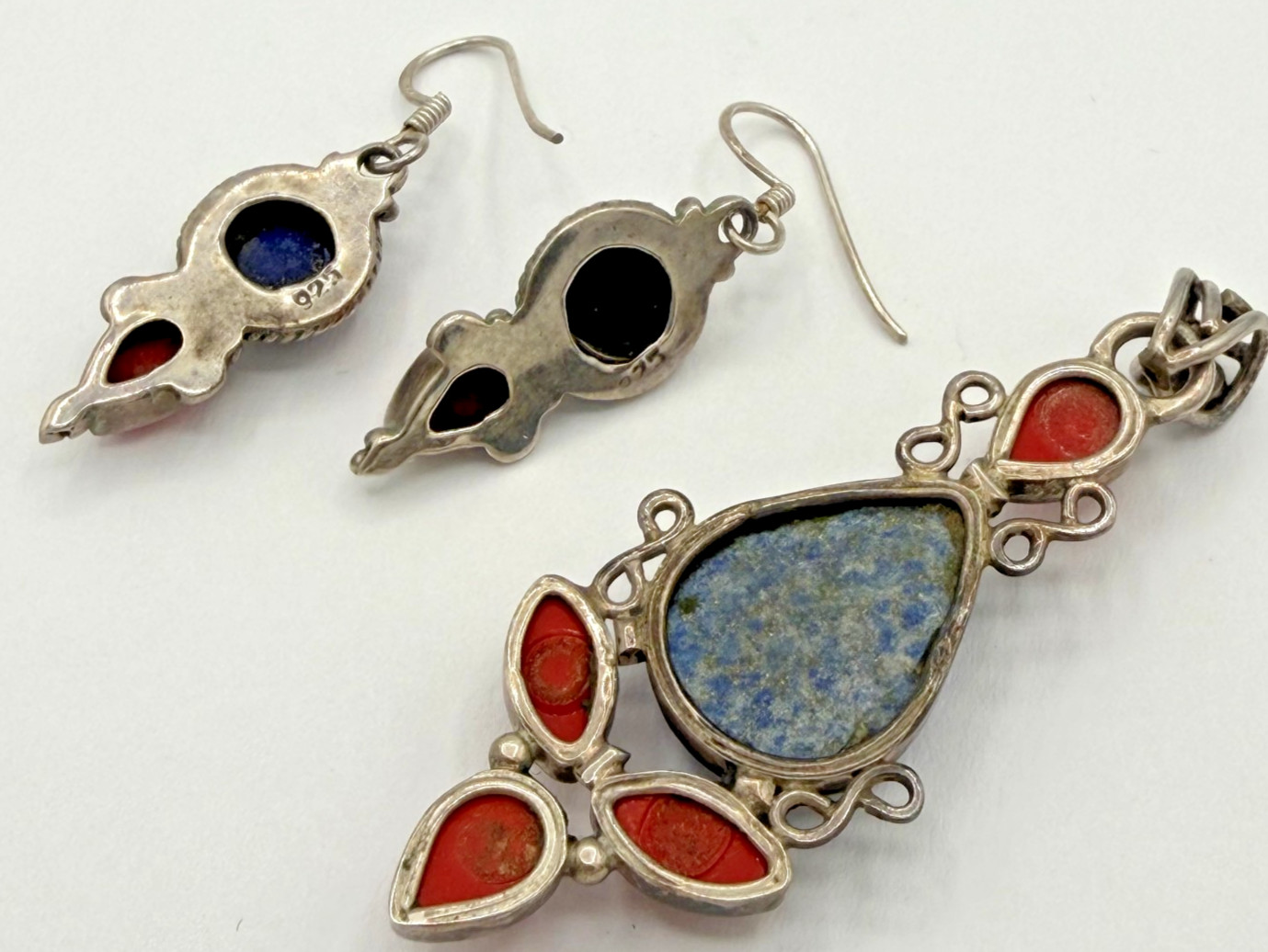 Vintage Southwest Sterling 925 Lapis Lazuli Red Coral Pendant Dangle Earring Set