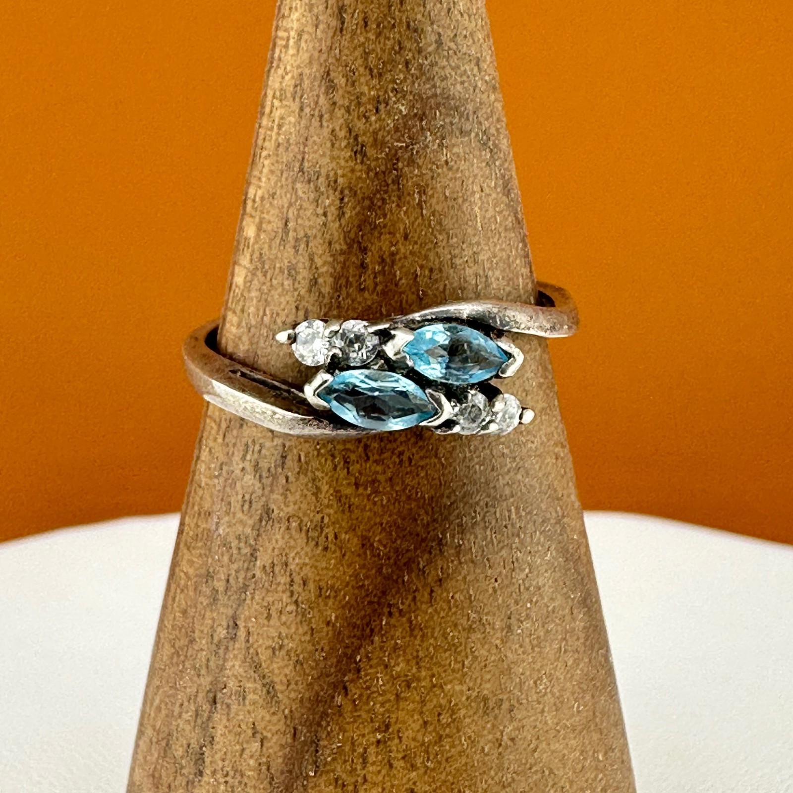 Vintage Sterling Silver Blue Topaz Ring Marquise Cut Dainty Size 6.75 Signed