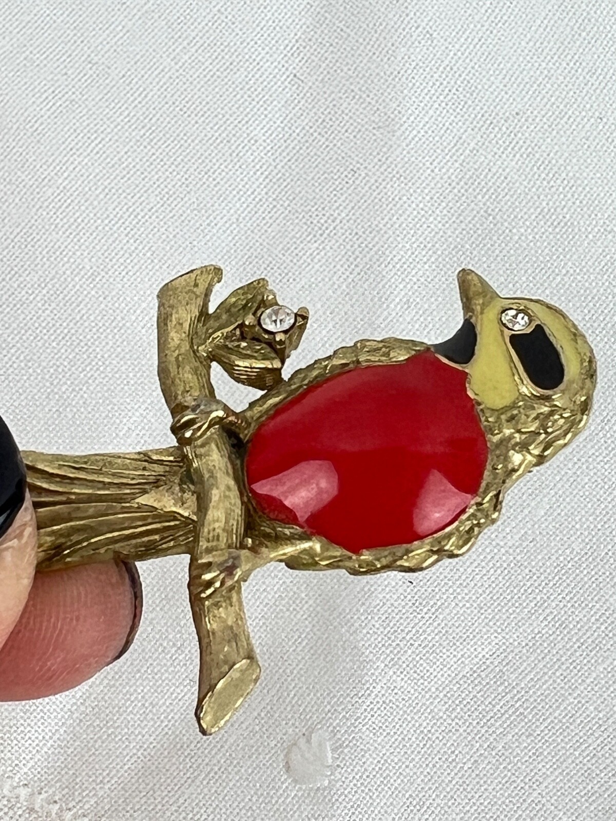 Lot of 3 Gold Tone Bird Brooches Pins Jelly Belly Rhinestones Red Orange Cream