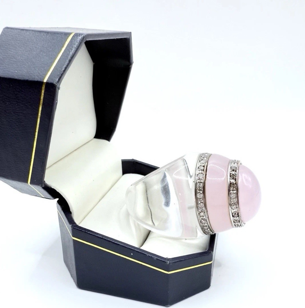 Enormous Rose Quartz White Sapphire Glass Statement Ring Sz 8 Vintage Jewelry