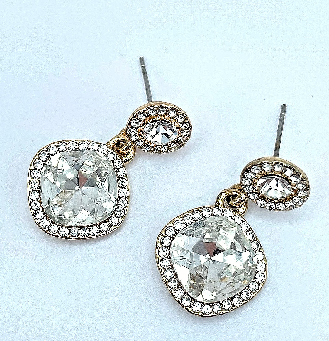 Vintage 90s Gold Tone Cushion Cut Halo Post Dangle Earrings Women’s Jewelry