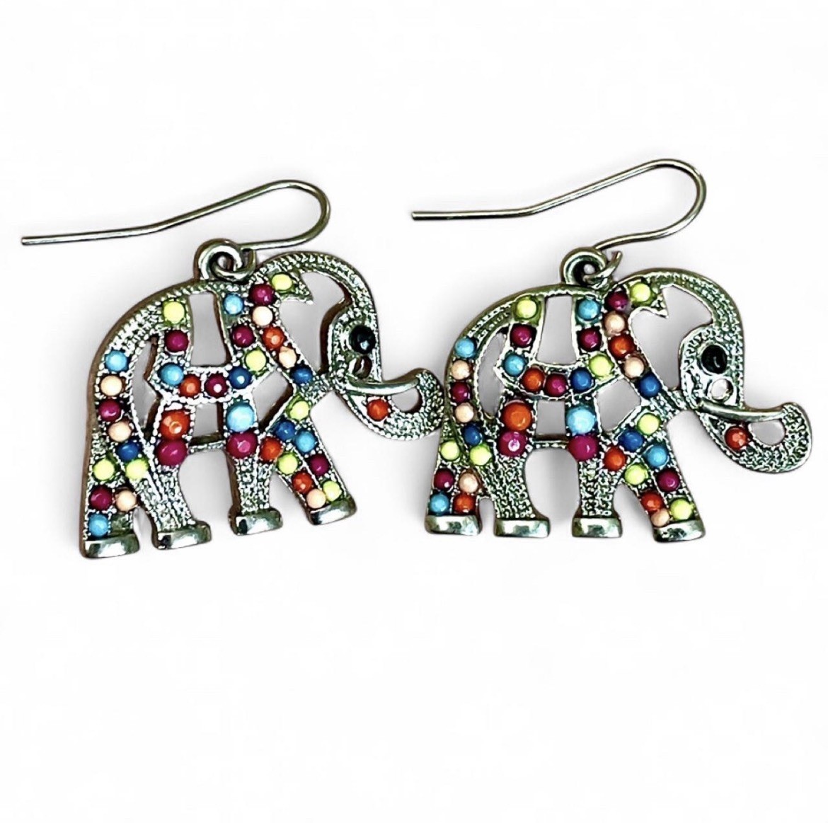 Vintage Elephant Dangle Earrings Silver Tone Multicolor Beaded Boho Hippy Global