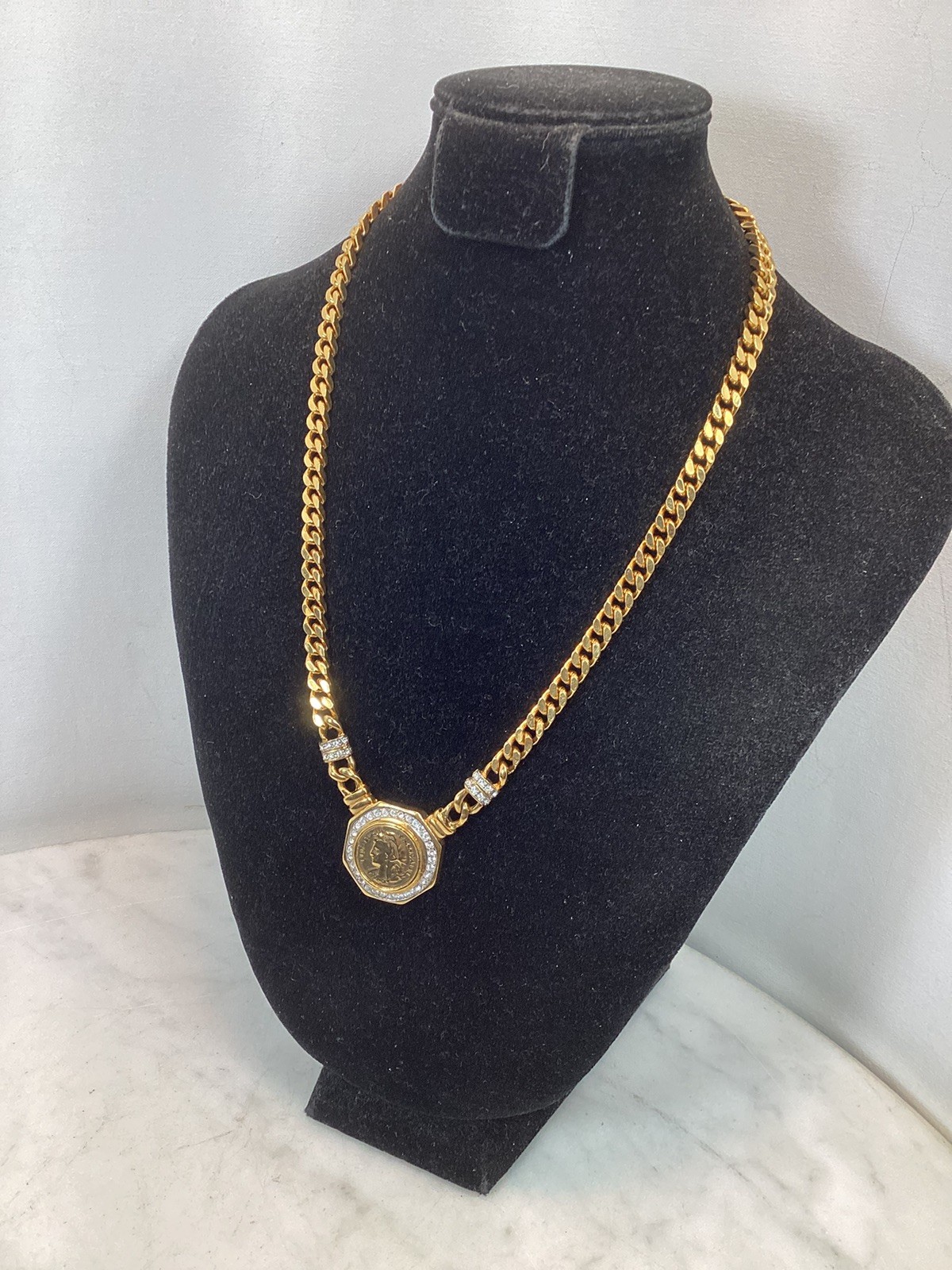 Vintage Gold Tone Roman Coin Rhinestone Pendant Curb Link Chain Necklace