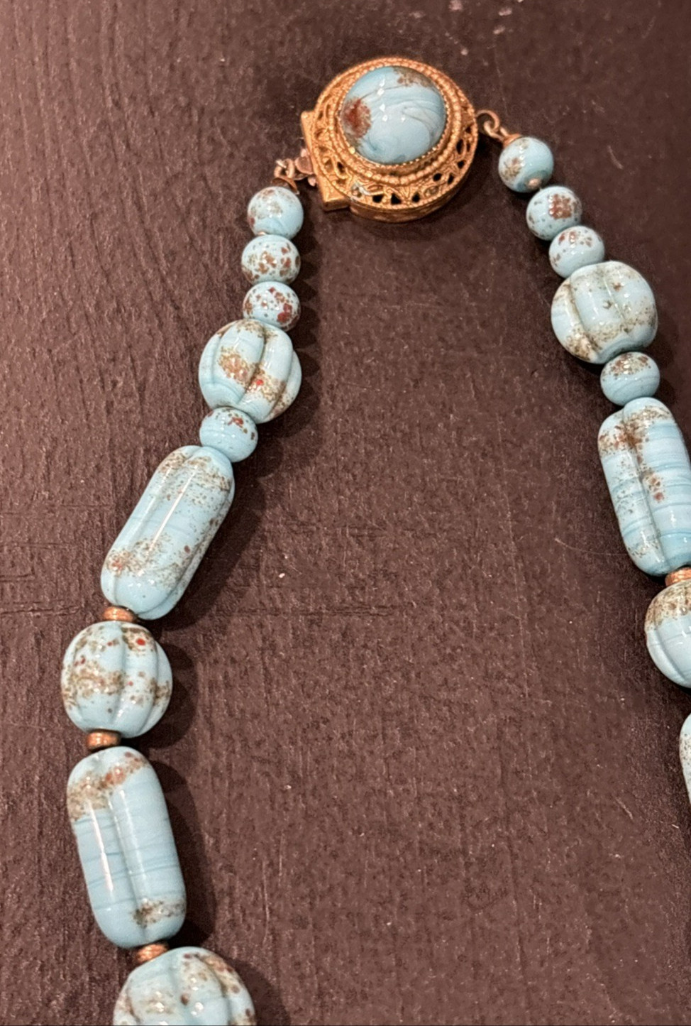 Antique Faux Turquoise Slag Glass Bead Beaded 16 1/2″ Necklace Textured Beads
