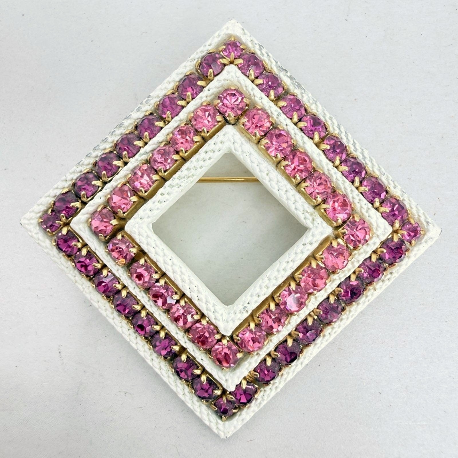 Vintage White Enamel Rhinestone Brooch Pin Geometric Square Pink Purple HEAVY