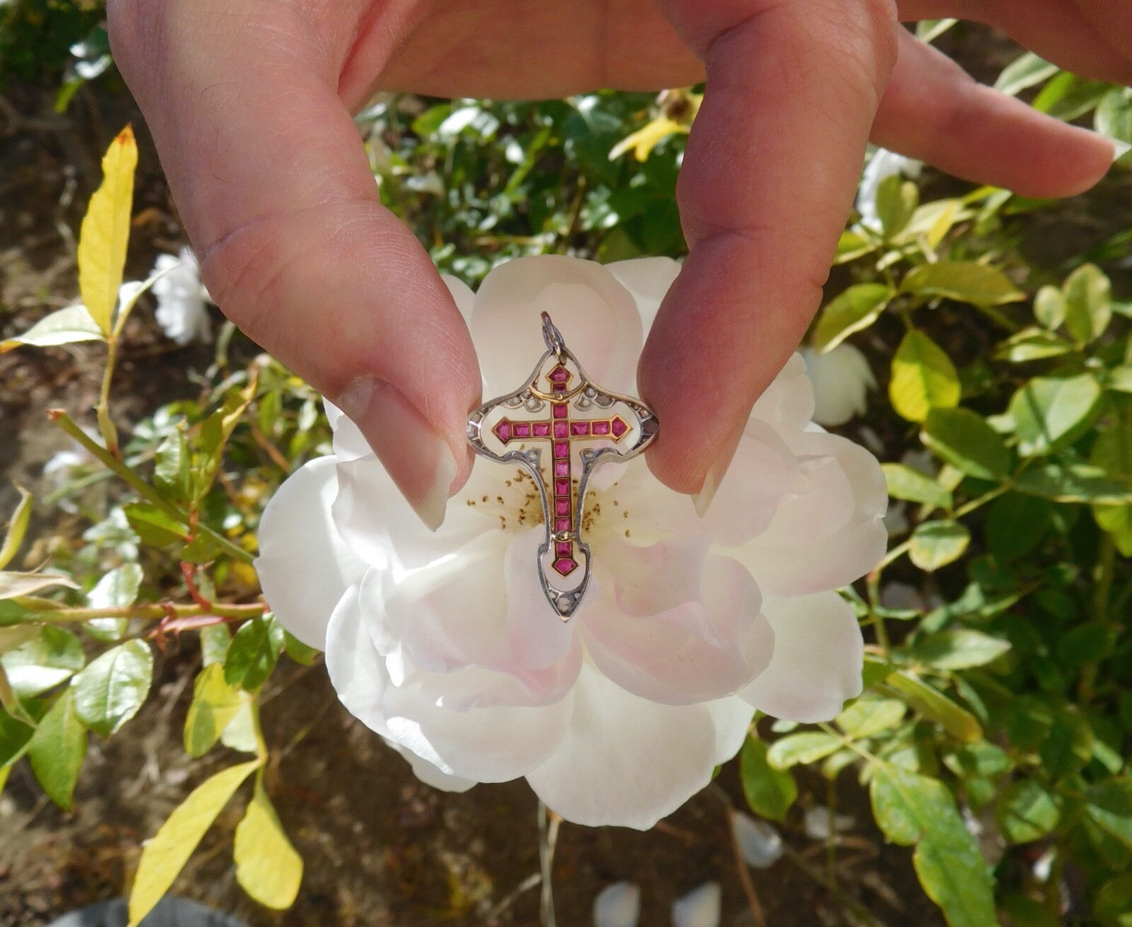 Belle Époque Art Nouveau 18K Rose Gold Platinum Diamonds Rubies Cross Pendant 🥀